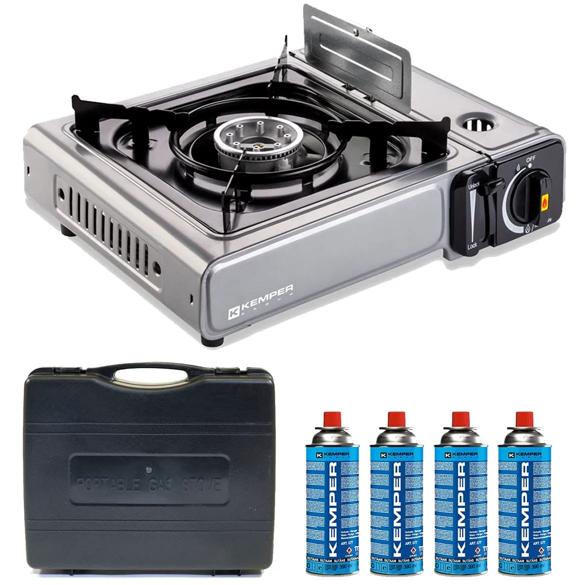 KEMPER - Hornillo de gas Nomade INOX 2200 W + 4 cartuchos de gas encendido piezo seguridad inserto gas