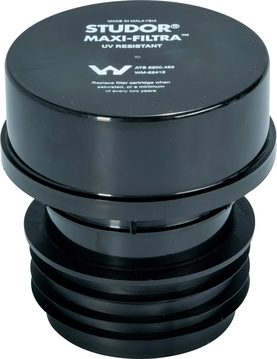 Studor 20297 Maxi-Filtra - Filtro de carbono activo de dos vías para drenaje de tanque séptico, conexión de 3 o 4 pulgadas