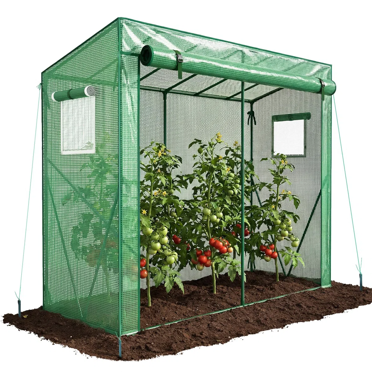 VOUNOT® Invernadero para Tomates 200x77x170 cm, Túnel de Cultivo con Techo Inclinado, Gran Puerta y 2 Ventanas, Cubierta PE Reforzada 135g/m², para Plantas Verduras Flores, Verde