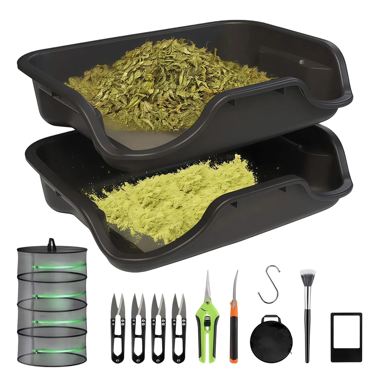 Trim Tray Bin Trimming Tray Set Trimming Tray Set con 150 micras Filtro de polen, bandeja ergonómica con 2 tijeras, 4 tijeras de recorte, cepillos, lupa y 4 niveles de malla de secado para polen y