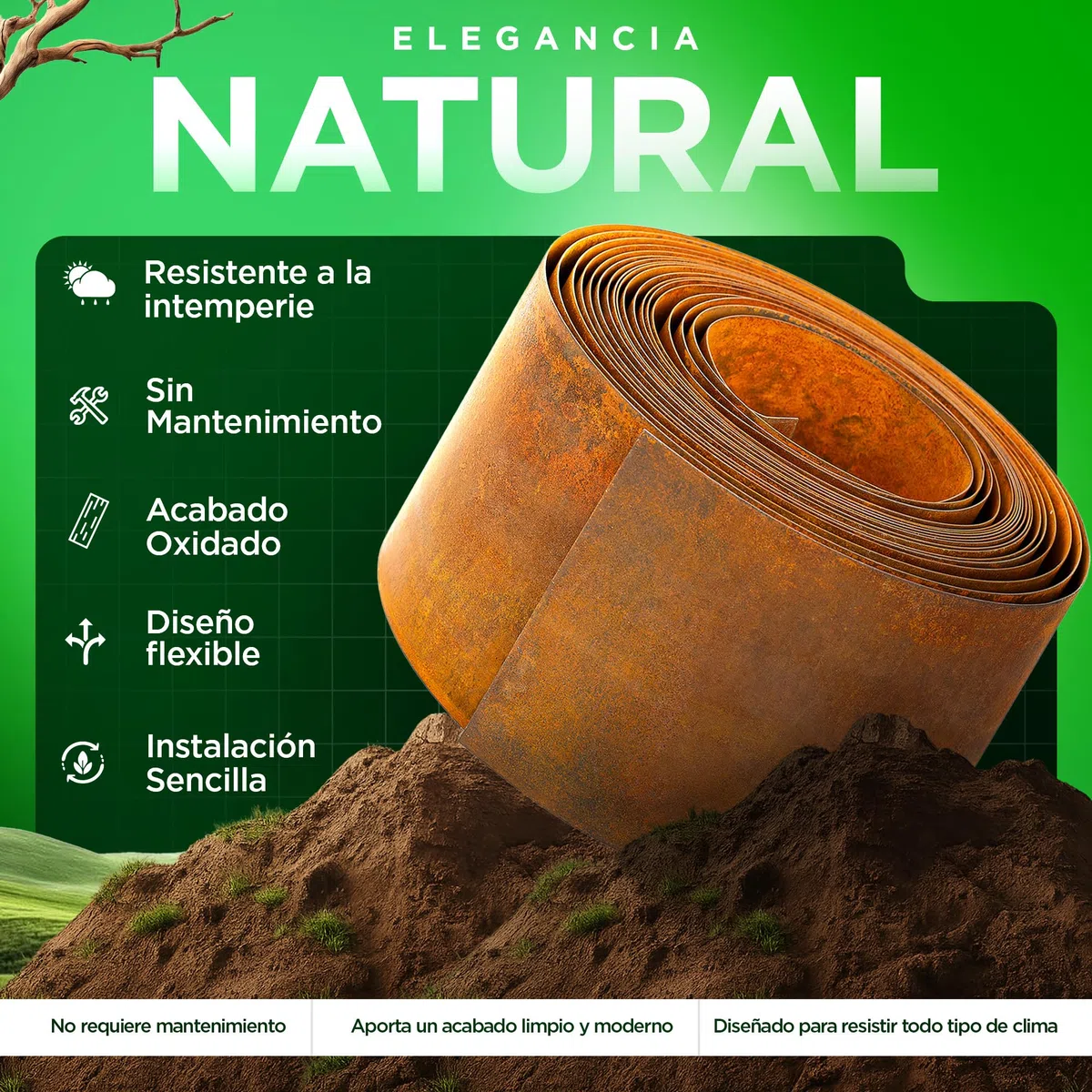 Bordura Acero Corten 10 Metros | Borde Jardin Exterior 14cm Alto | Diseño Flexible & Fácil de Instalar | Incluye Guantes, Taco de Madera, Conectores y eBook con Instrucciones