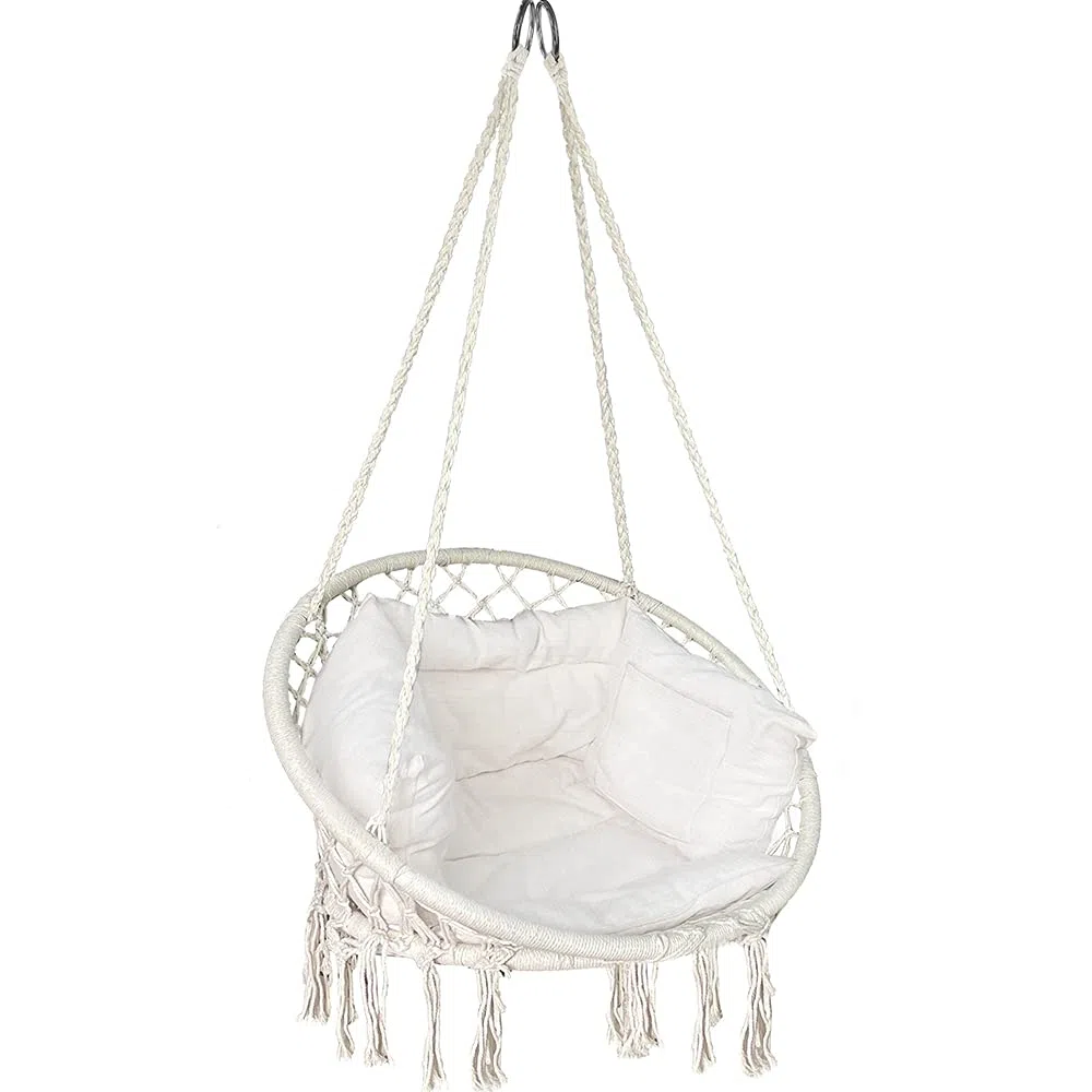 VOUNOT® Silla Colgante Exterior con Flecos, Hamaca con Conjines y Kit de Suspensión, Ø80cm Silla Columpio para Interior y Exterior, Beige