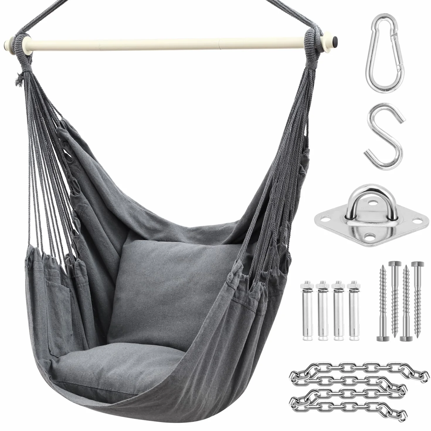 Ohuhu Silla Colgante Silla de Hamaca con 2 Cojines y Kit de instalación, Tejido de algodón para Mayor Comodidad, Durabilidad para Interiores y Exteriores, Dormitorio, Patio, Gris