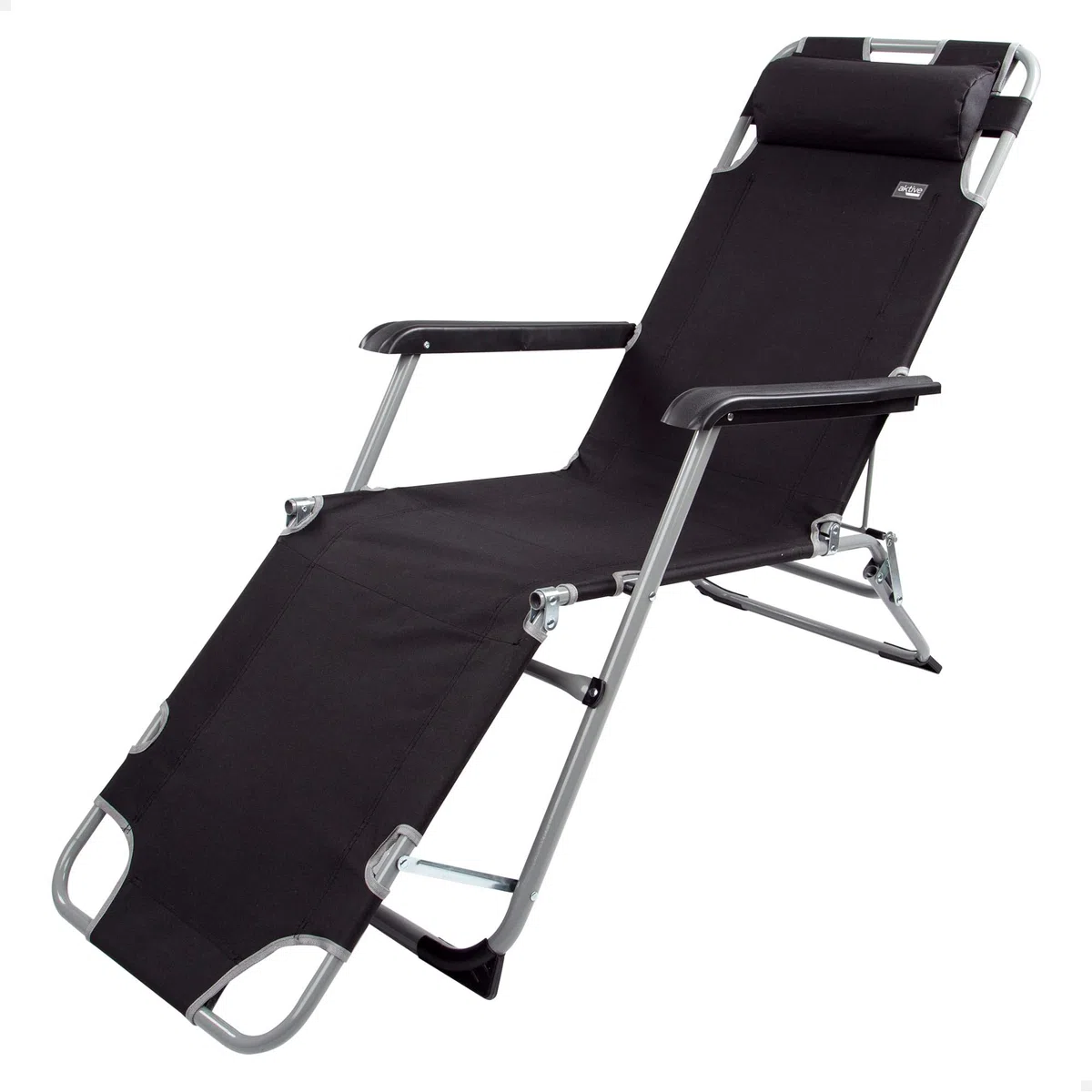 AKTIVE Tumbona Plegable, 177x47x34/85 cm, Negra, 3 Posiciones, Incluye cojín, Topes antivuelco, Tejido poliéster, Estructura Acero, Soporta 110 kg, Tumbonas Plegables para Playa y terraza (62297)