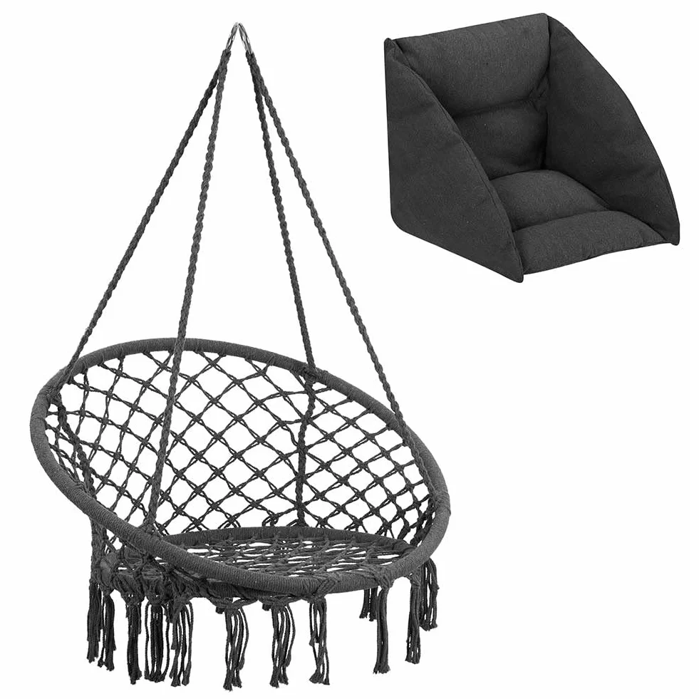 Bakaji Sillón Colgante de Exterior jardín de Cuerda de algodón, Silla Mecedora Colgante Hamaca terraza Camping con Estructura Circular de Acero Asiento Acolchado cojín diseño Moderno (Gris)