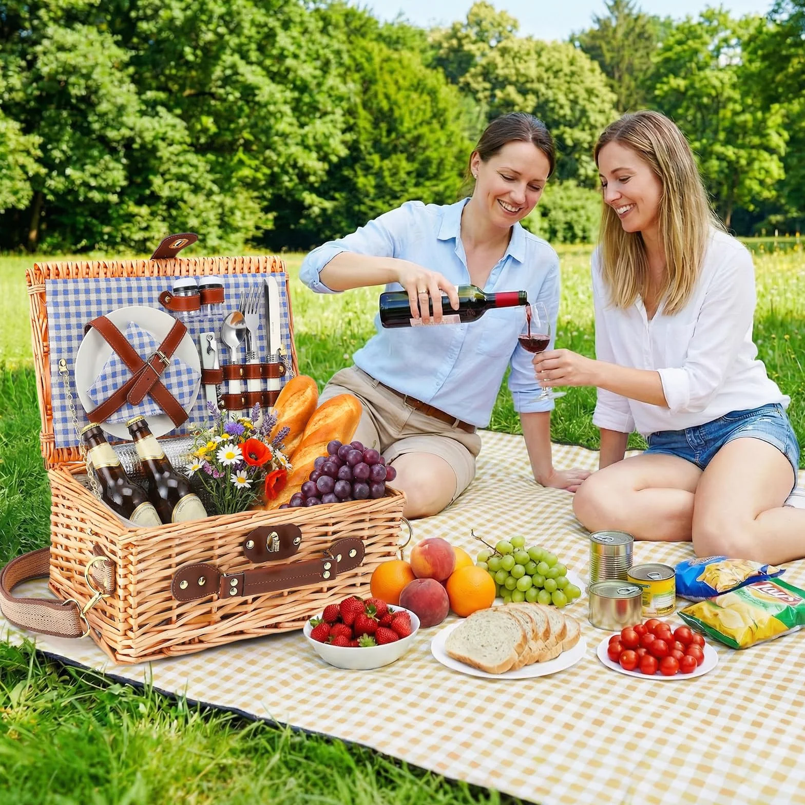 Set de Cesta de Picnic de Mimbre Premium para 2 Personas, con Compartimento Refrigerante, Correa Extraíble, Platos, Vasos, Cubiertos, para Acampada, Exteriores, Excursiones de un Día, Azul