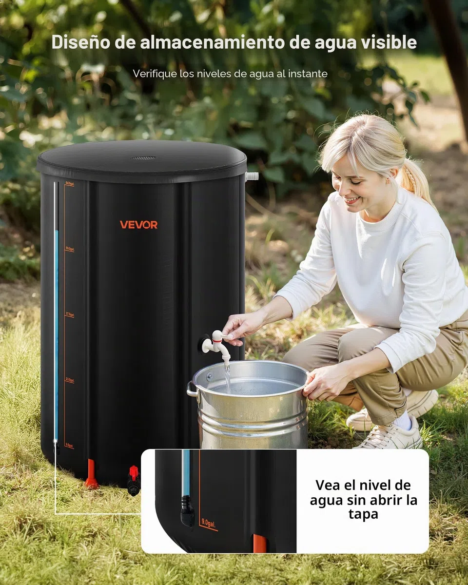 VEVOR Barril de Lluvia Plegable, Barril Portátil de 250 L de PVC 500D para Recolección de Agua de Lluvia, Contenedor de Almacenamiento de Agua para Jardín con Grifo y Kit de Desbordamiento, Negro