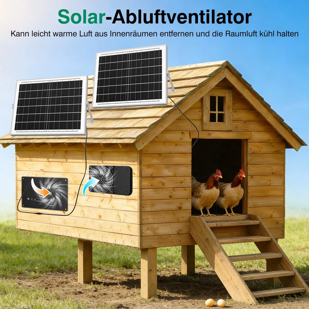 Ventilador solar con batería de 15000 mAh y temporizador, 25 W, 3500 rpm, ventilador solar de alta velocidad, ventilador silencioso e impermeable para gallinero, invernadero, cobertizo y casa