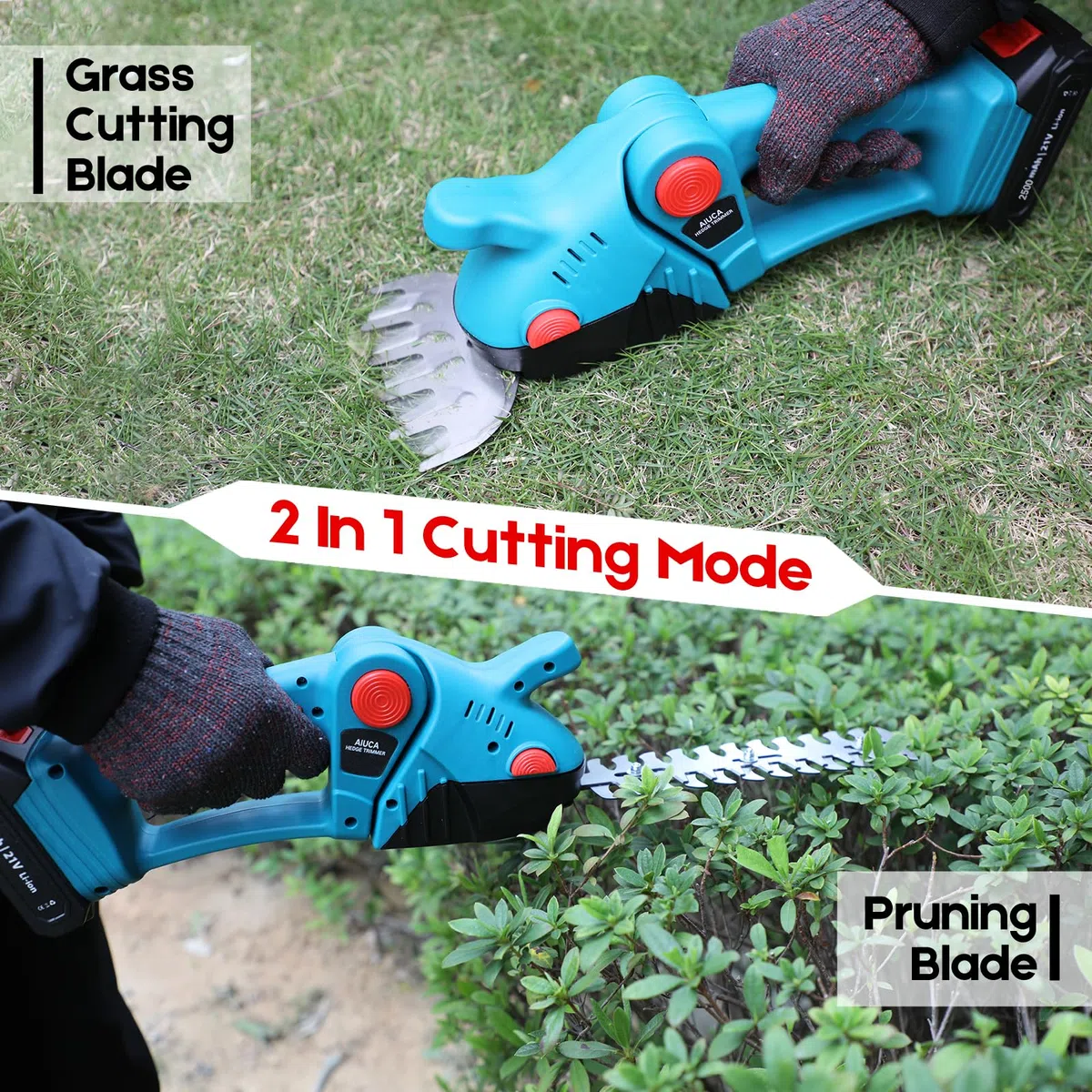 Tijeras de Césped y Setos a Batería 2 en 1, Cortasetos Eléctrico 21V 1260 RPM, con 2 Baterías de 2500 mAh, Cargador y Cuchillas de 130 mm y 230 mm para Jardín (Azul)
