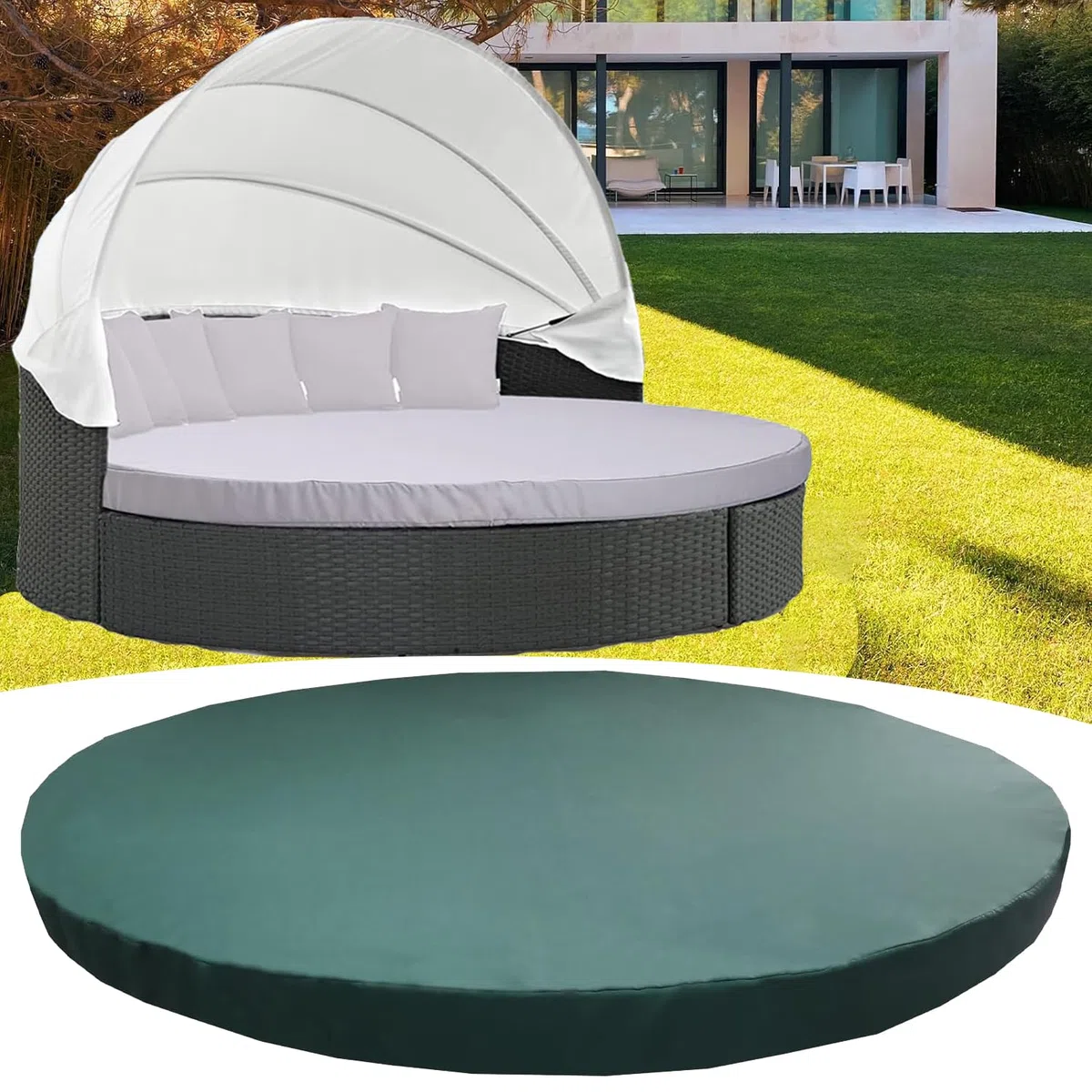 Nueva funda de cojín para cama de sol de 168 cm para cama de día exterior, (con banda elástica) Funda redonda de repuesto para cojín de cama ajustada de 168 cm Funda de cojín para cama de