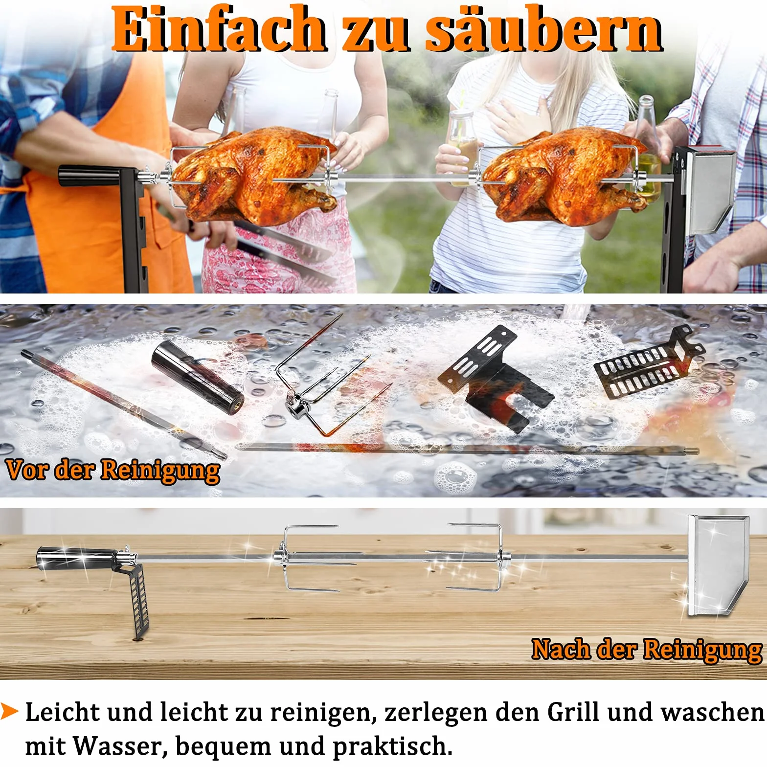 LZQ Juego de brochetas para barbacoa con motor de 107 cm, pincho giratorio de acero inoxidable 304, 220 V - 240 V, incluye 2 brochetas para carne