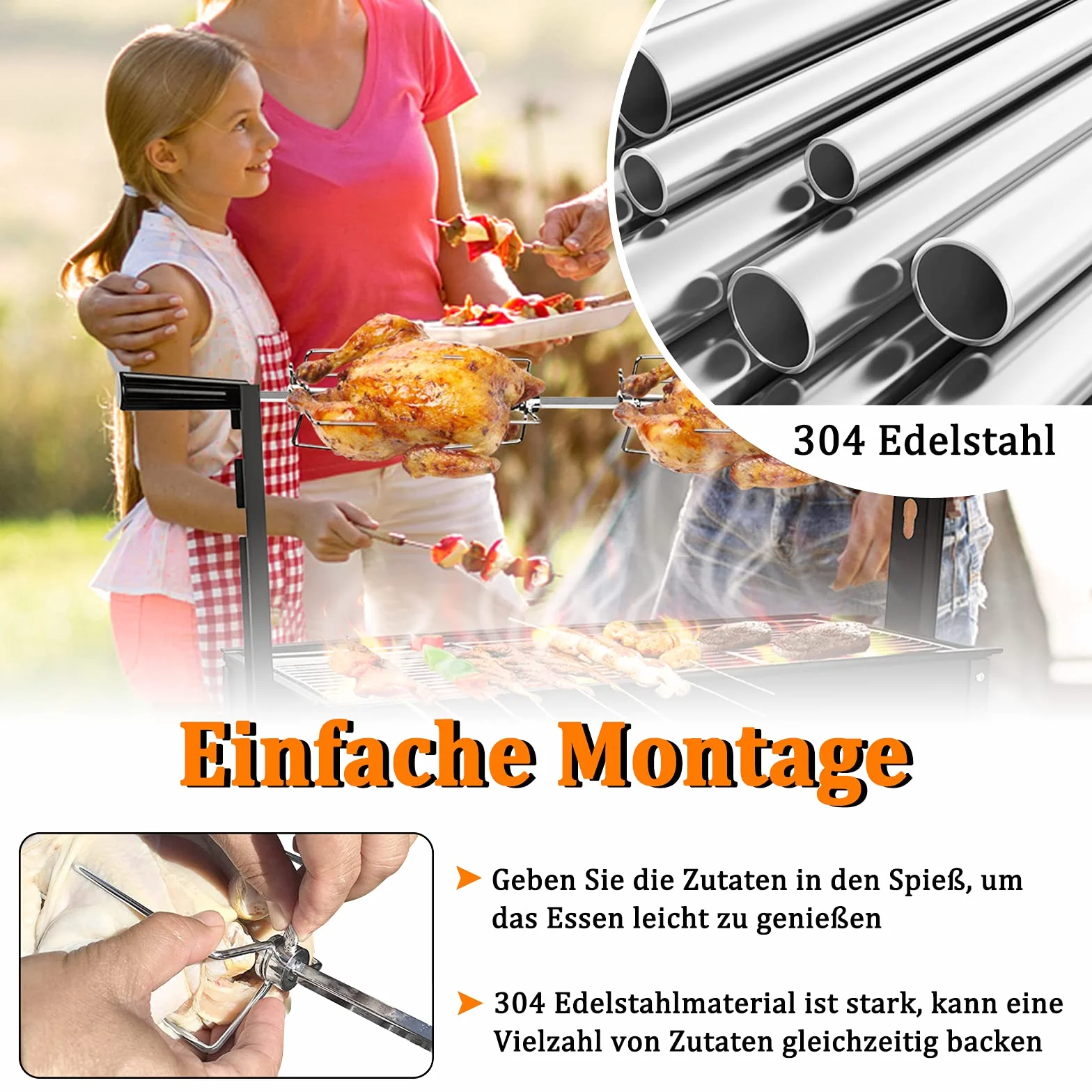 LZQ Juego de brochetas para barbacoa con motor de 107 cm, pincho giratorio de acero inoxidable 304, 220 V - 240 V, incluye 2 brochetas para carne