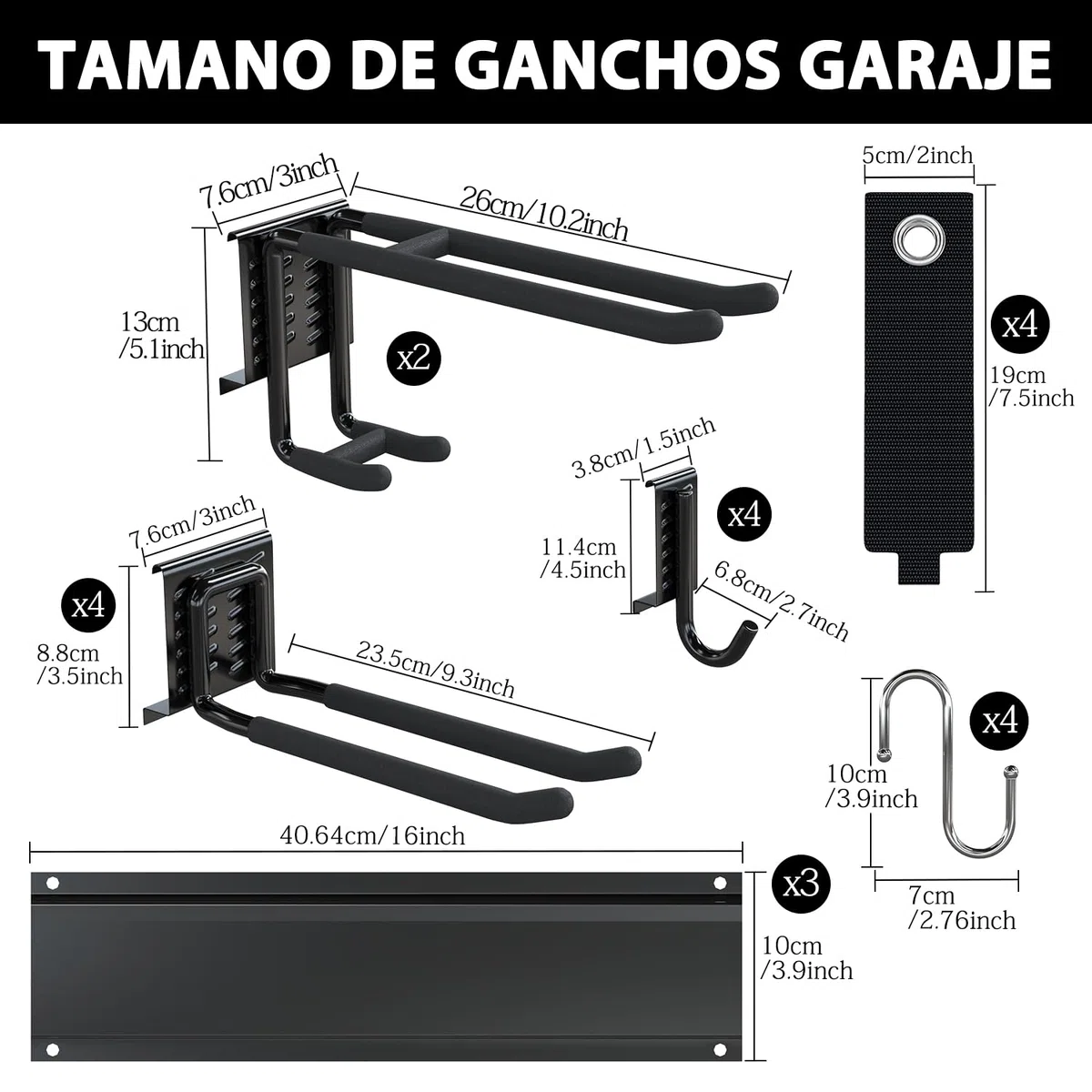 3-H 120cm Soporte Herramientas Pared,Ganchos Garaje Acero Aleado Organizador Herramientas Pared con 14 Ganchos,3 Rieles Deslizables,4 Correas para Esquí Silla Manguera Garaje Jardín