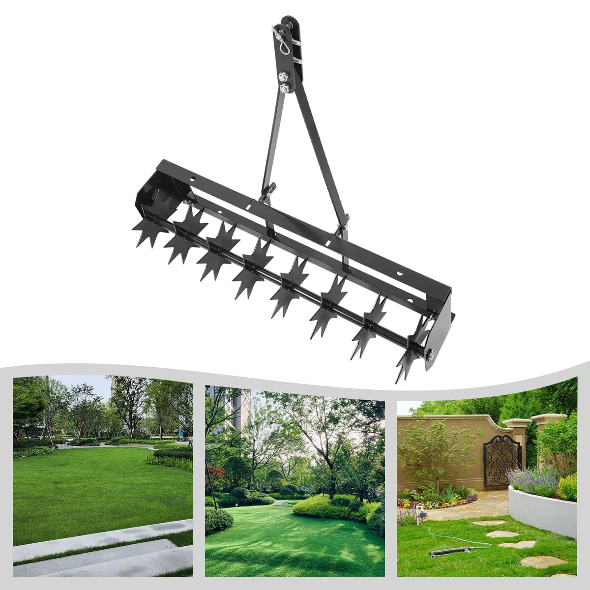 Herramienta aireadora de césped de 81 cm, aireador, herramienta de extracción de césped, rueda de herramientas con 8 puntas de estrella para jardín, césped, patio, color negro