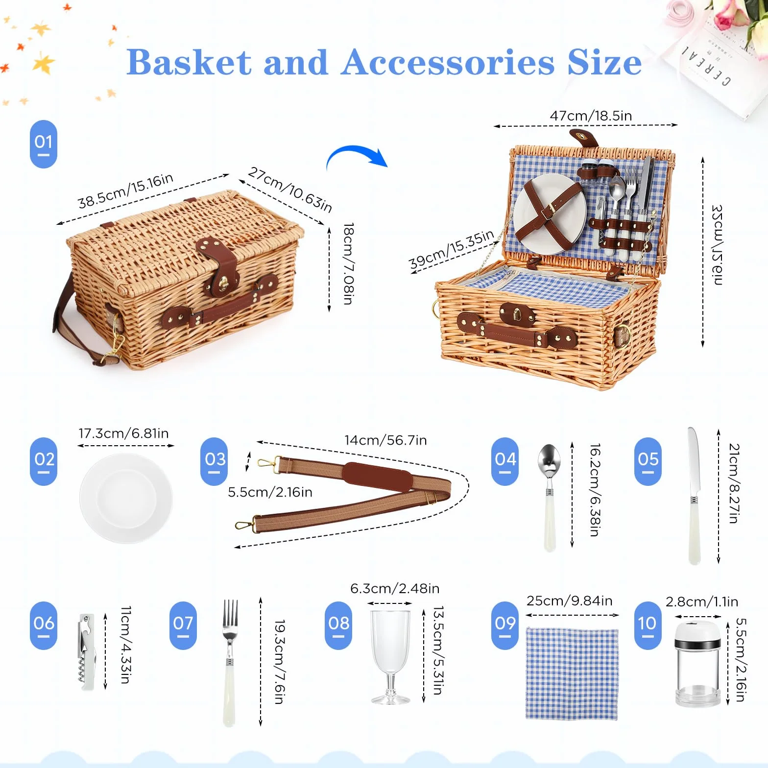 Set de Cesta de Picnic de Mimbre Premium para 2 Personas, con Compartimento Refrigerante, Correa Extraíble, Platos, Vasos, Cubiertos, para Acampada, Exteriores, Excursiones de un Día, Azul