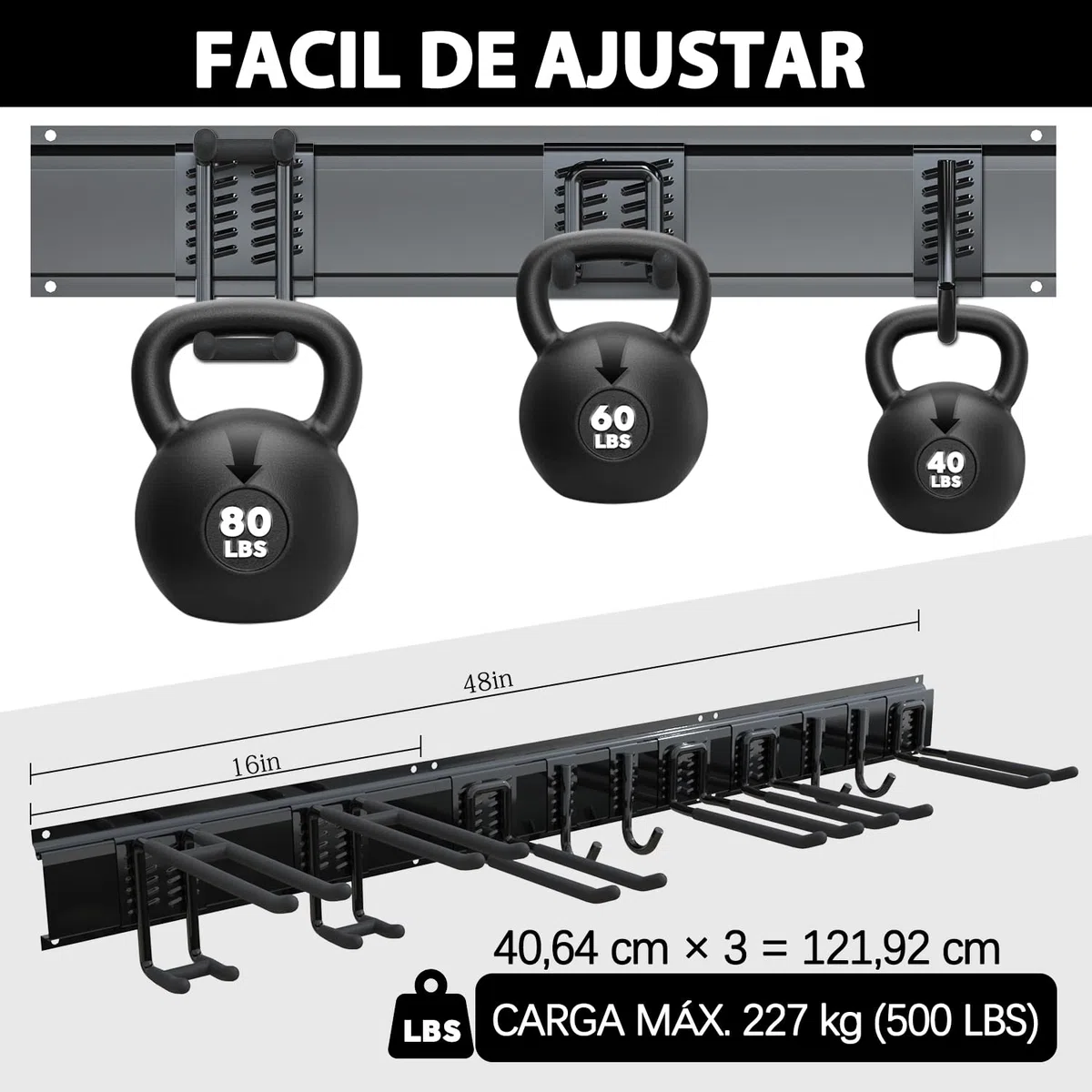 3-H 120cm Soporte Herramientas Pared,Ganchos Garaje Acero Aleado Organizador Herramientas Pared con 14 Ganchos,3 Rieles Deslizables,4 Correas para Esquí Silla Manguera Garaje Jardín
