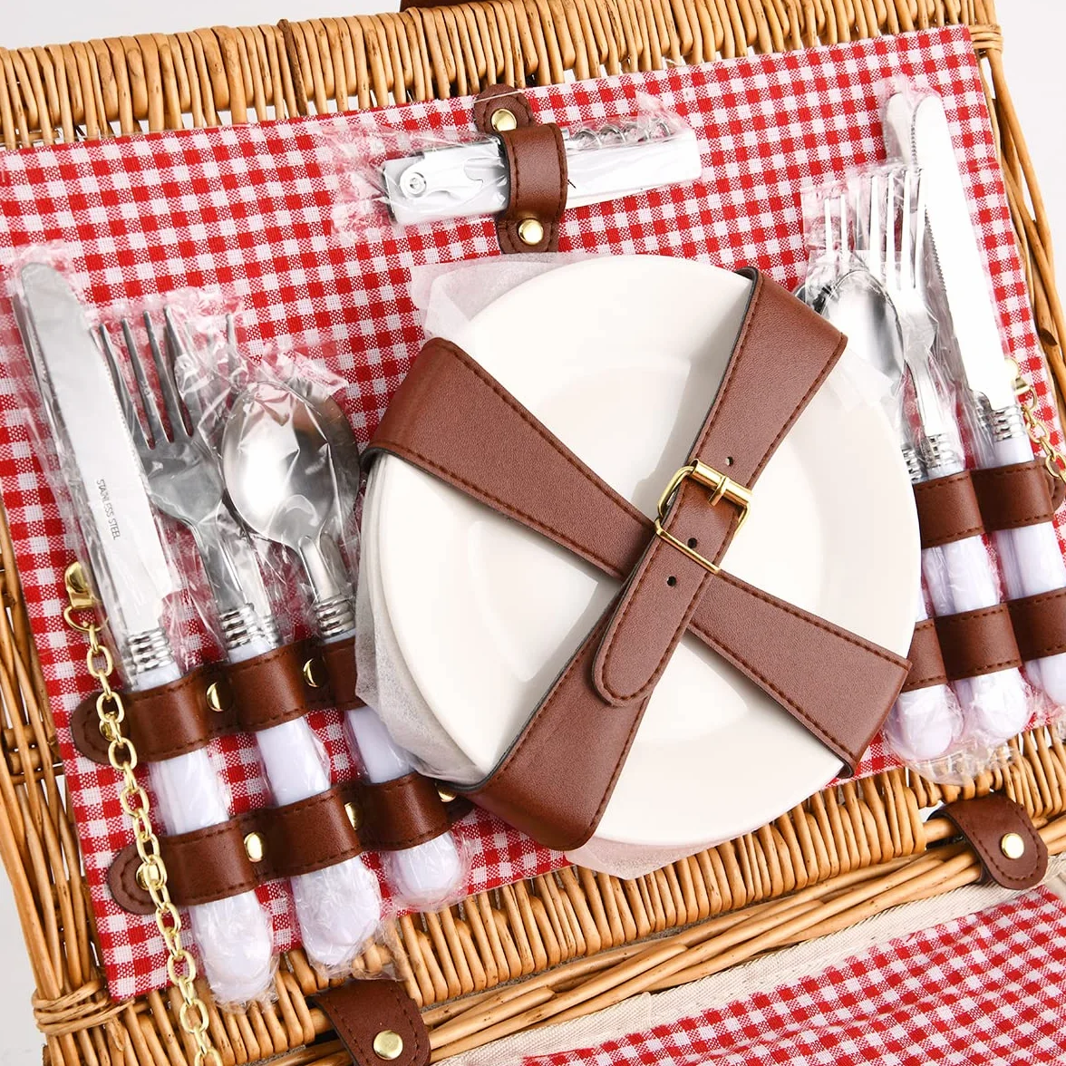 Cesta de Picnic Willow Hamper para 4 Personas, con una Caja de refrigeración aislada y una Manta Impermeable, un Paquete de Servicio de vajilla