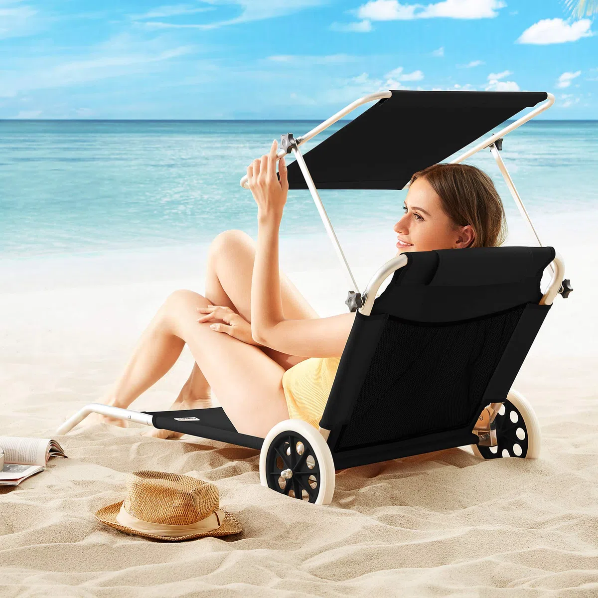 CASARIA Tumbona Jardín Silla Playa Portatil Carrito Plegable 2 Ruedas 150x52cm 115Kg Parasol Cojin