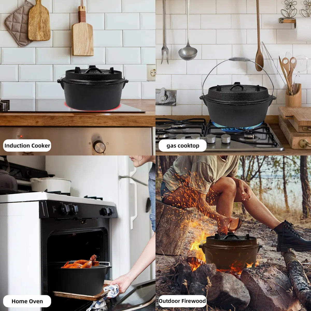 CCLIFE Juego de horno holandés, 4/6/9 litros, olla de hierro fundido con olla de hierro fundido para barbacoa y camping