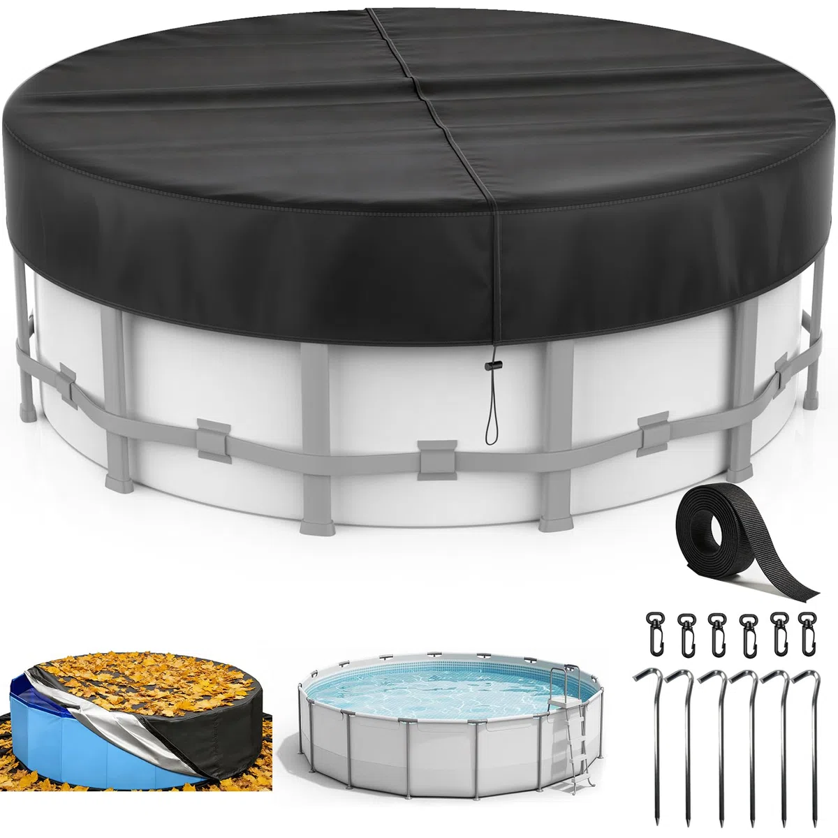 Cubierta para Piscina Redonda Ø365, para Piscinas Ø320-363 cm, Lona para Piscina con Cordón y Estacas, Oxford Lona Piscina con Protección UV, Hermética al Polvo, para Piscinas Elevadas y Trampolines