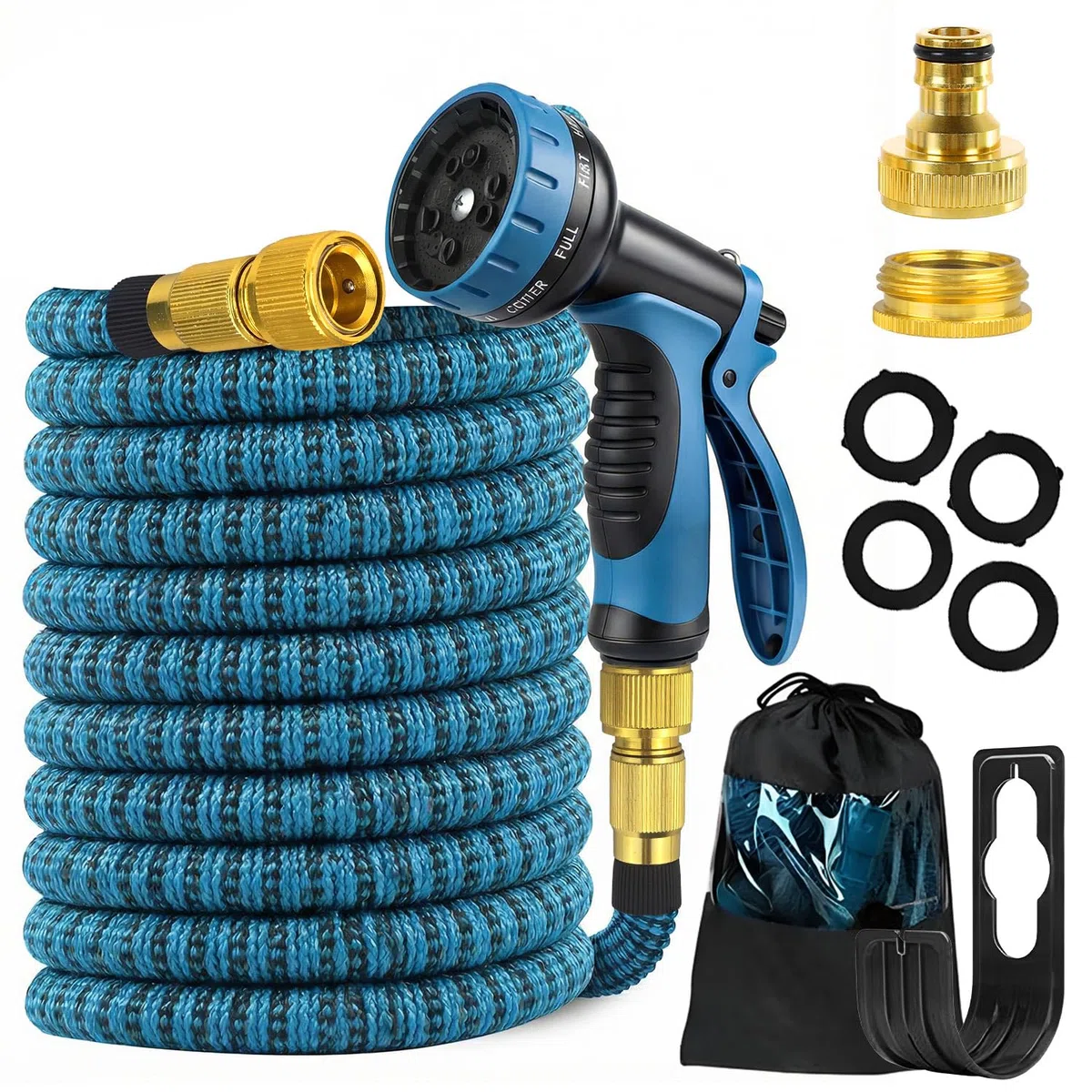Manguera Jardin Extensible, Manguera Extensible 30 Metros con 10 Boquillas de Patrón de Pulverización Conector de Latón Tela 3750D Manguera, Adaptadores de 1/2" y 3/4" para Jardinería