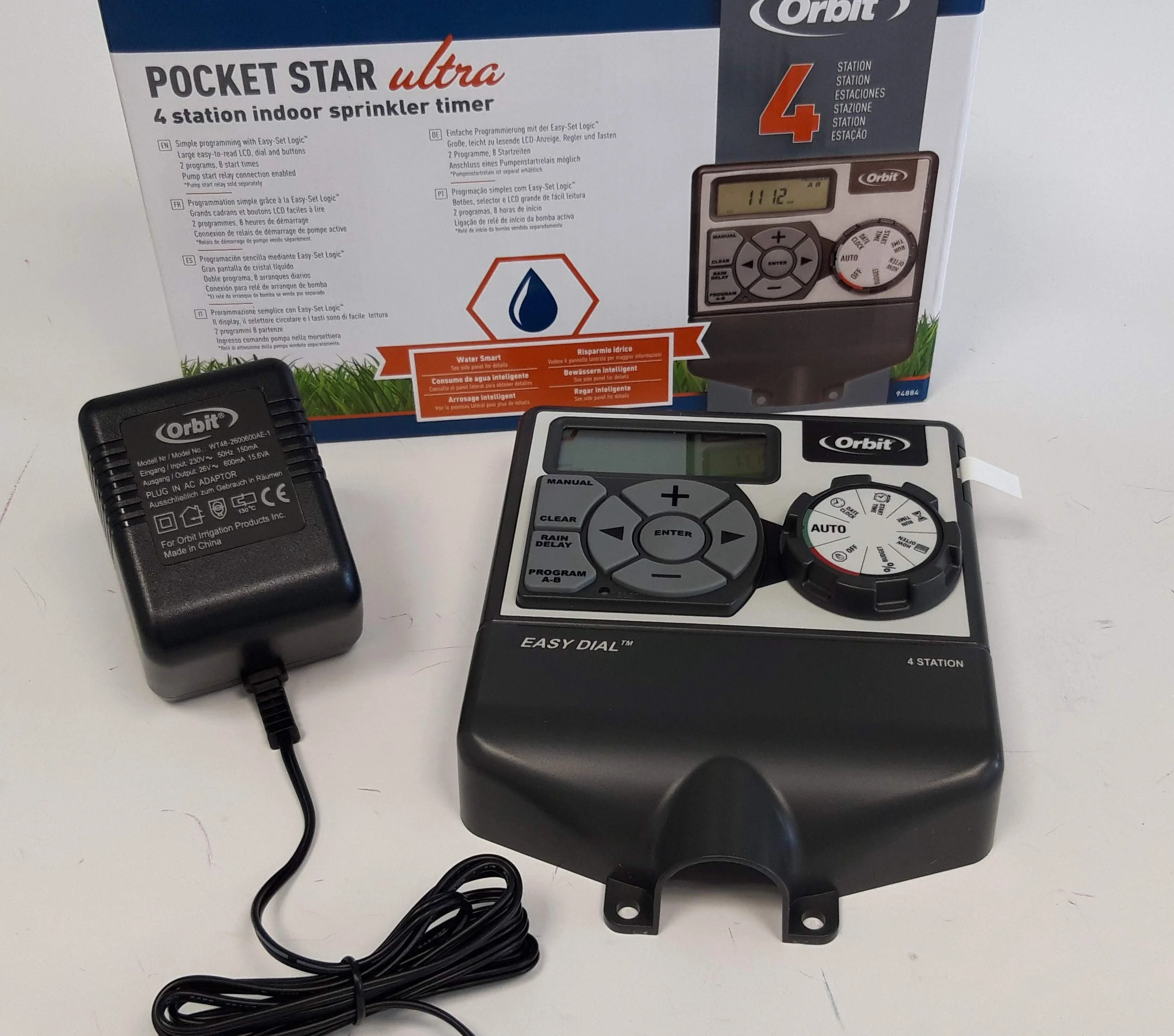 Orbit 94884 – Programador de riego Ultra 24 V para 4 zonas de riego, pantalla LCD, hasta 12 riegos por día | Función de retardo por lluvia y regulación de tiempo de riego de 1 a 99 minutos