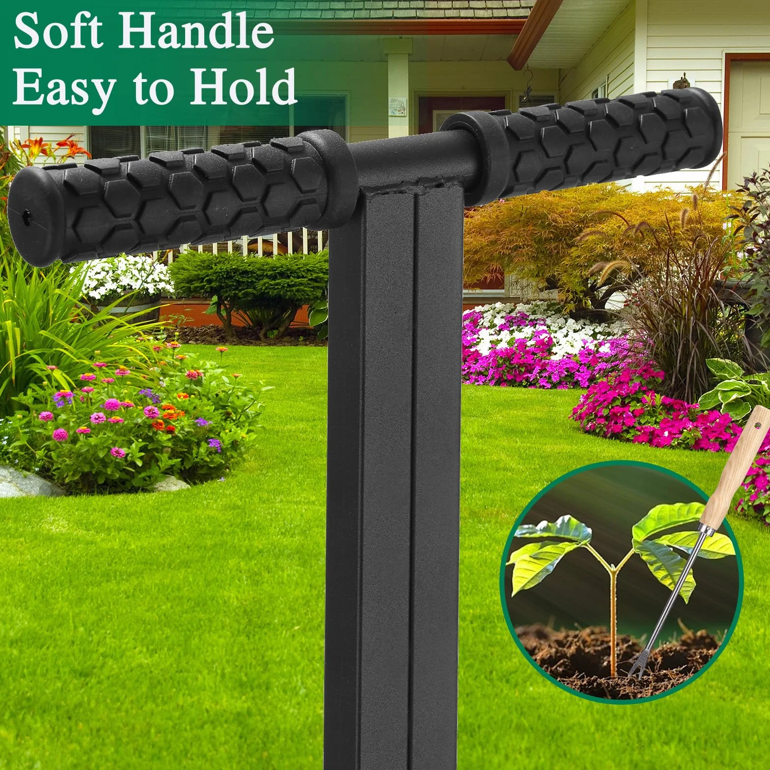 Aireador de césped, aerificador para césped con bandeja de recolección, herramienta de limpieza y guante, aireador de césped manual de 95 cm con mango en T, escarificador de césped manual