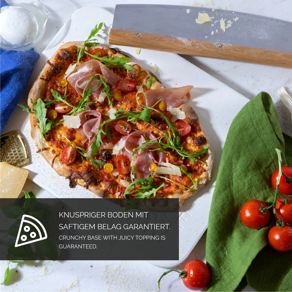 Juego de piedra para pizza, pala de madera & cortador para pizza - Piedra de cordierita de alta calidad para horno y parrilla - Piedra para hornear pizza crujiente al estilo italiano