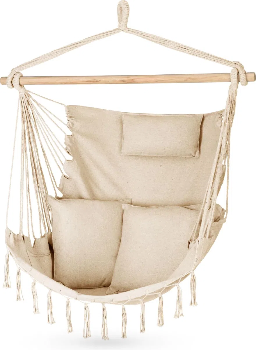 Silla Colgante 100x130x75cm - hasta 150 kg - Sillón Exterior con Cojín - puf para Columpio Colgante para Jardín y Habitación - Boho - Silla Brasileña con Flecos (Beige)
