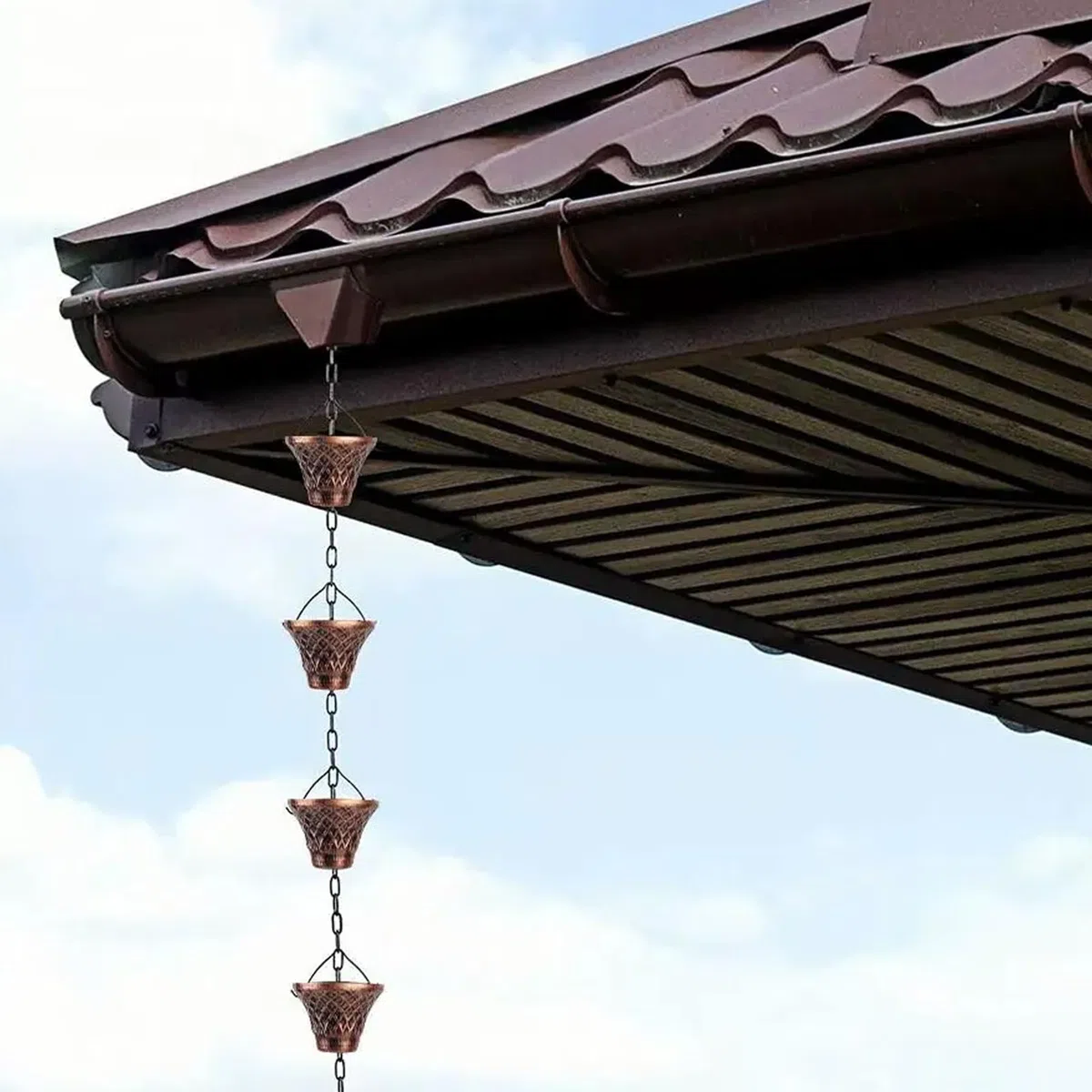 Genérico Cadena De Lluvia,Tubo De Desagüe De Cobre 2.7 Metros - 12 Tazas para Canalones - para Techo Jardín Exterior Porche Árbol Casa