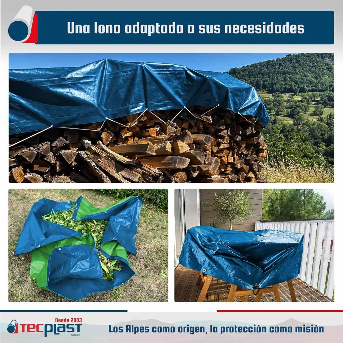 Lona Impermeable 5x8 m - TECPLAST - SR150MU - Azul y Verde Lona Exterior con Ojales - Anti Rayos UV
