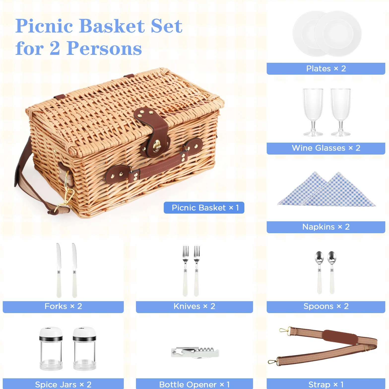 Set de Cesta de Picnic de Mimbre Premium para 2 Personas, con Compartimento Refrigerante, Correa Extraíble, Platos, Vasos, Cubiertos, para Acampada, Exteriores, Excursiones de un Día, Azul