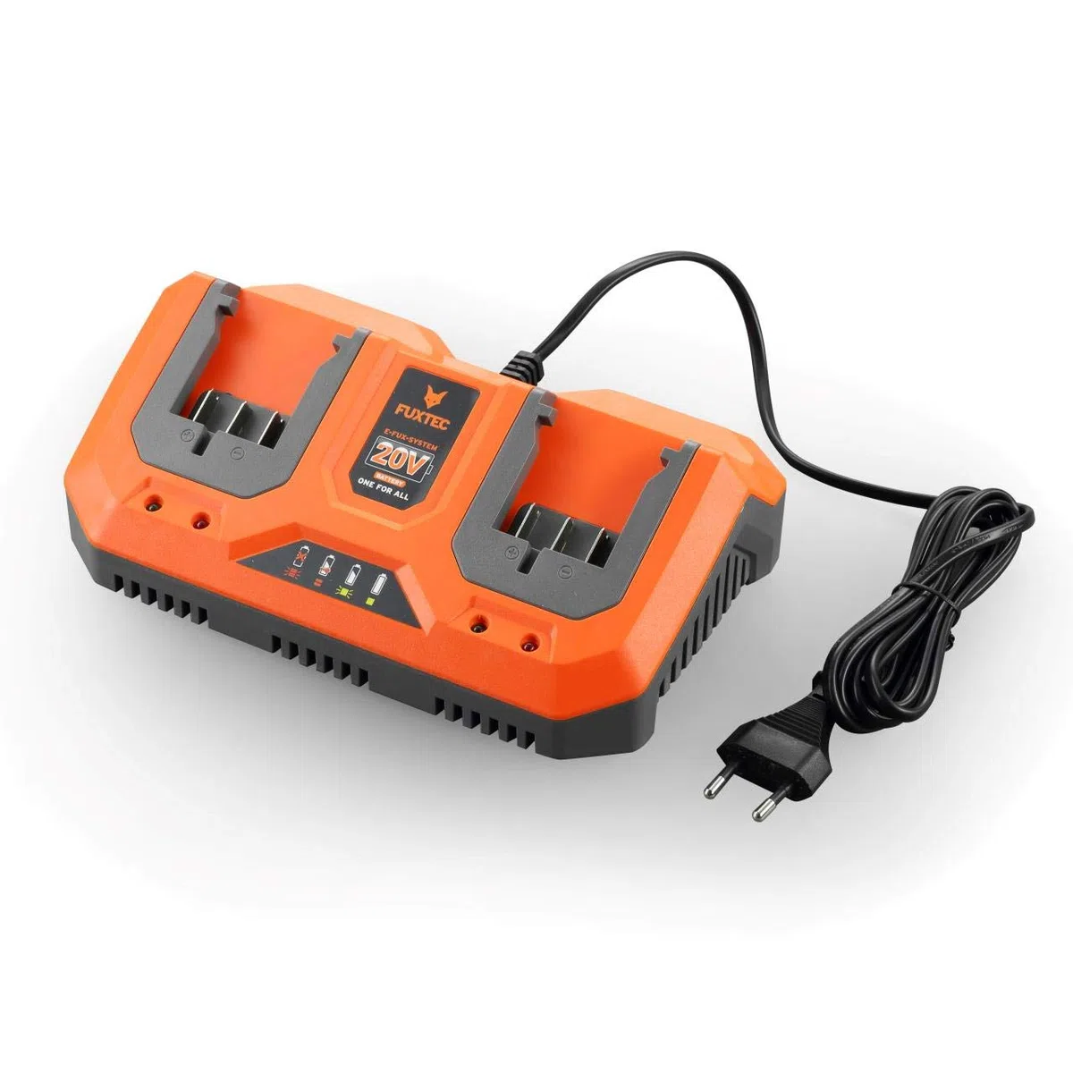 FUXTEC Cargador doble rápido de ion de litio, 2,4 A, 70 W, E1LG2A, para batería de 2 Ah y 4 Ah, apto para todas las herramientas de jardín Fuxtec de 20 V, tensión de carga de 20,9 V