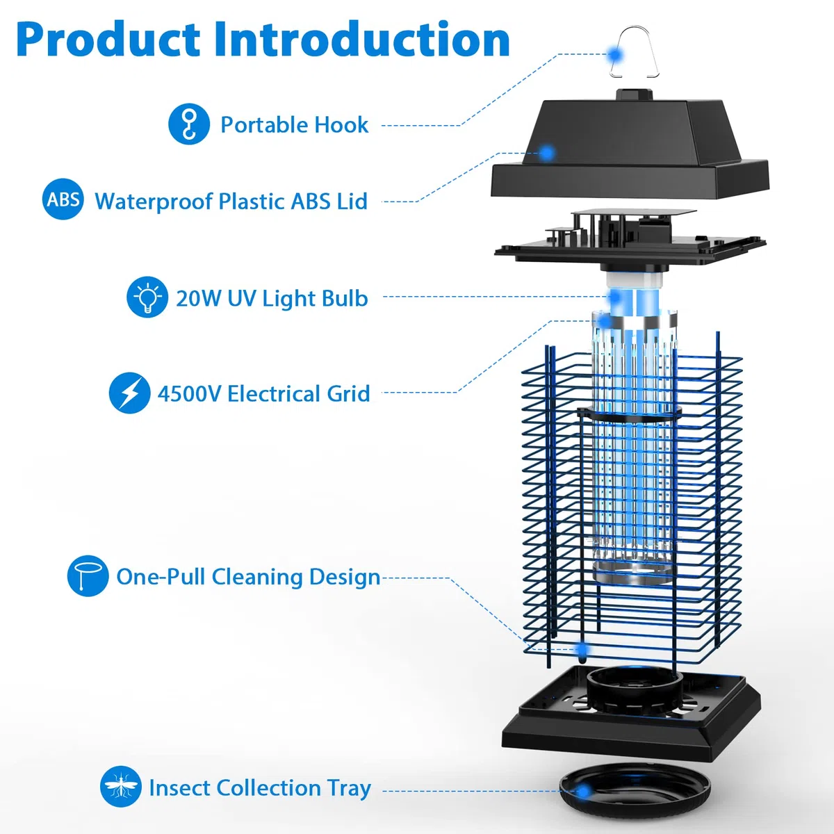 Lampara Antimosquitos Electrico TMACTIME 20W 4500V UV, Mata Mosquitos Electrico Alcance Efectivo de 100m² Sin Químicos Tóxicos, Adecuado para Interiores y Exteriores Como Cocina, Sala de Estar, Jardín