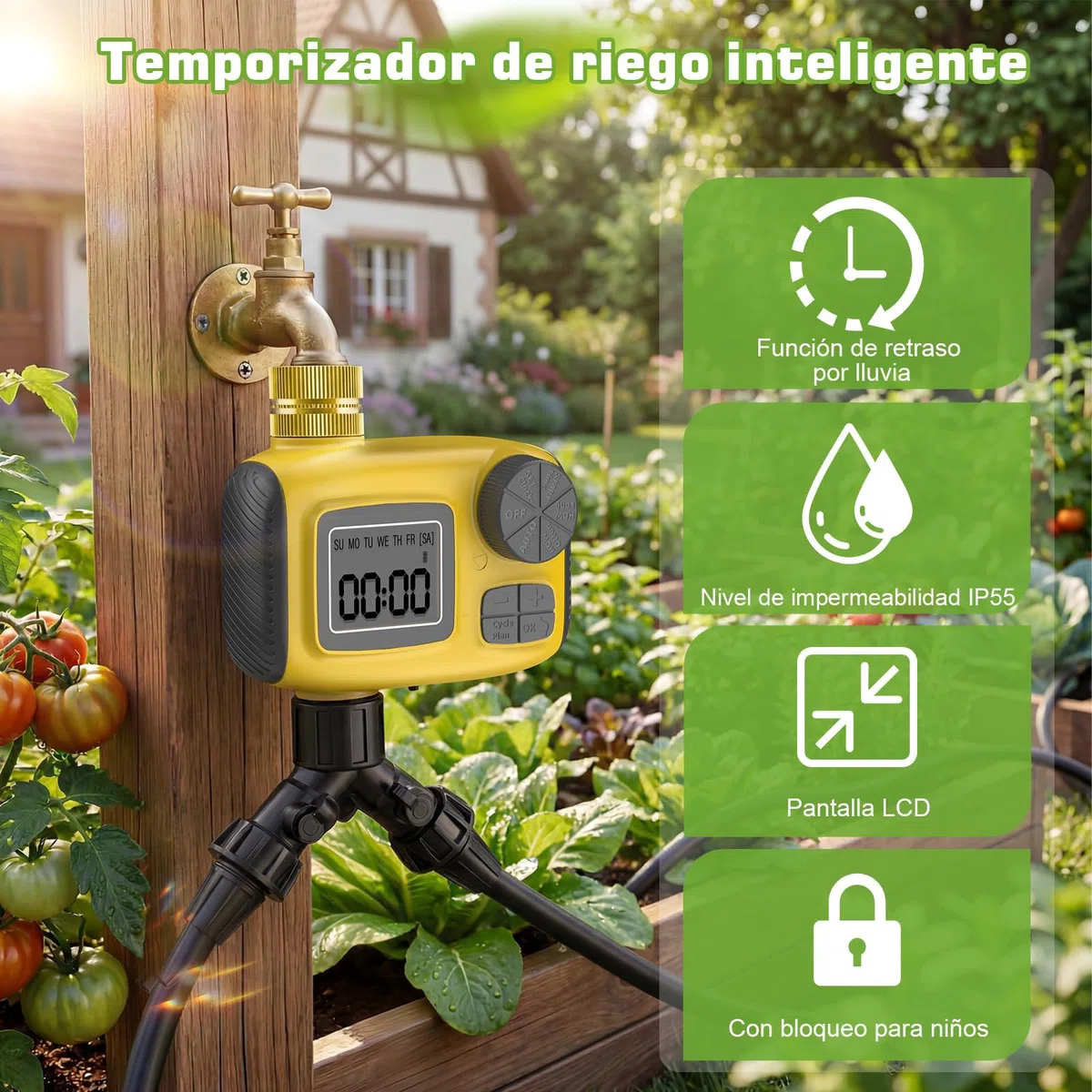 Kit Riego por Goteo con Programador Riego, 25M+25M Sistema de Riego por Goteo Accesorios Riego Goteo con Ajustable Boquilla Aspersor Pulverizador y Gotero Riego Automático para Jardín