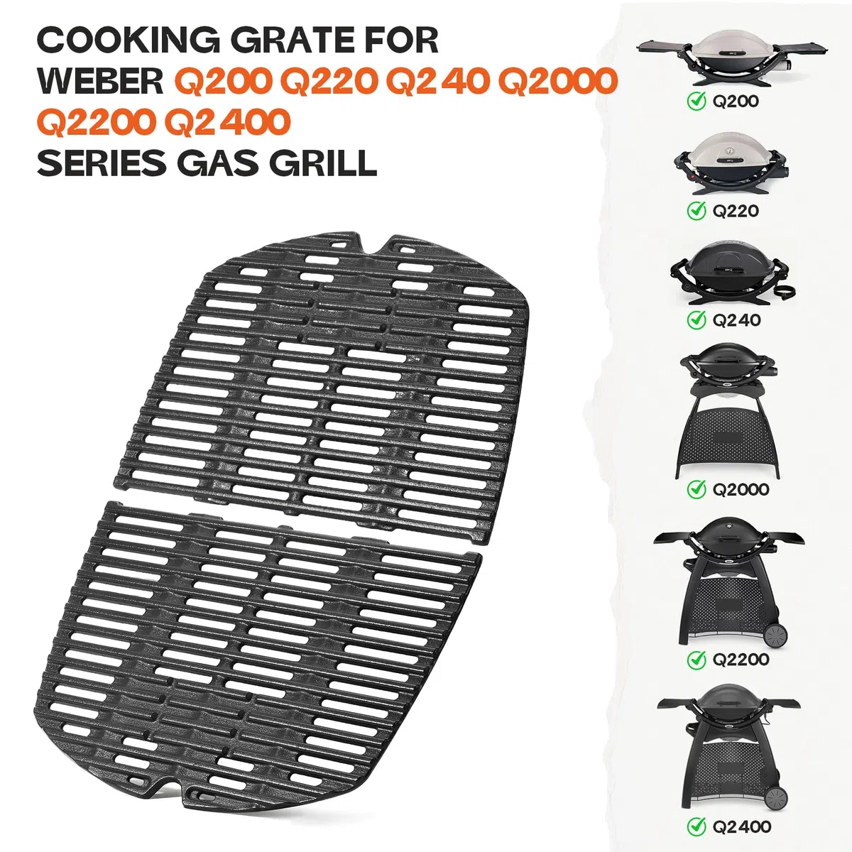 onlyfire Rejillas de cocción de Hierro Fundido para Weber Q200, Q220, Q240, Q2000, Q2200, Q2400 Parrilla de Gas -Weber 7645 Accesorio de Barbacoa - Juego de 2
