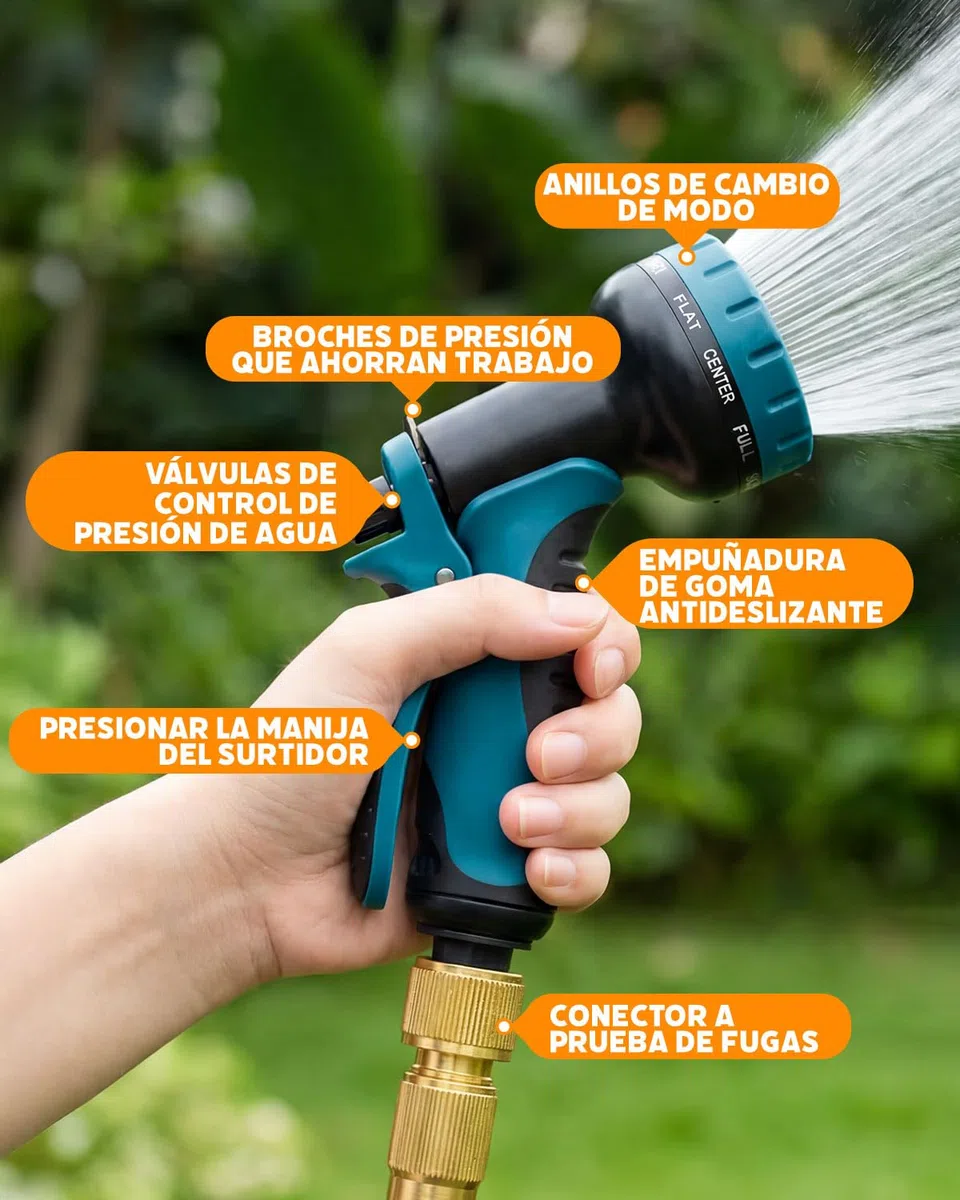 Manguera Jardin Extensible, Manguera Extensible 30 Metros con 10 Boquillas de Patrón de Pulverización Conector de Latón Tela 3750D Manguera, Adaptadores de 1/2" y 3/4" para Jardinería