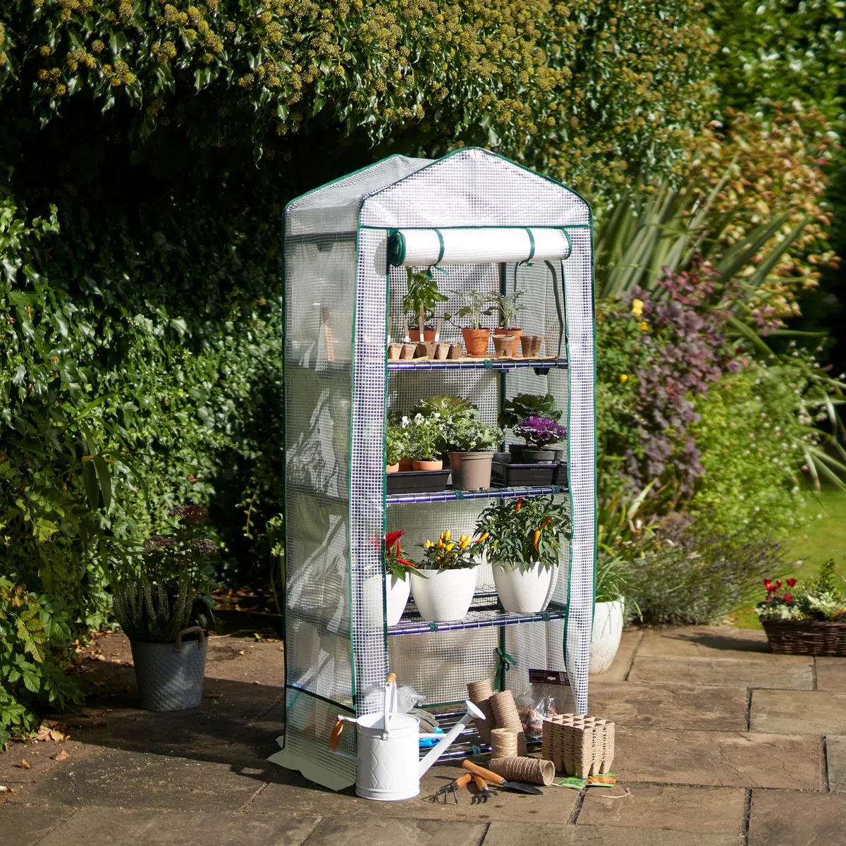 Invernadero de Terraza y Jardín - para Cultivar Tus Propias Verduras y Flores - con Cubierta de Plástico y Estantes de Alambre Resistentes - Ideal para Espacios Reducidos (4 Niveles)
