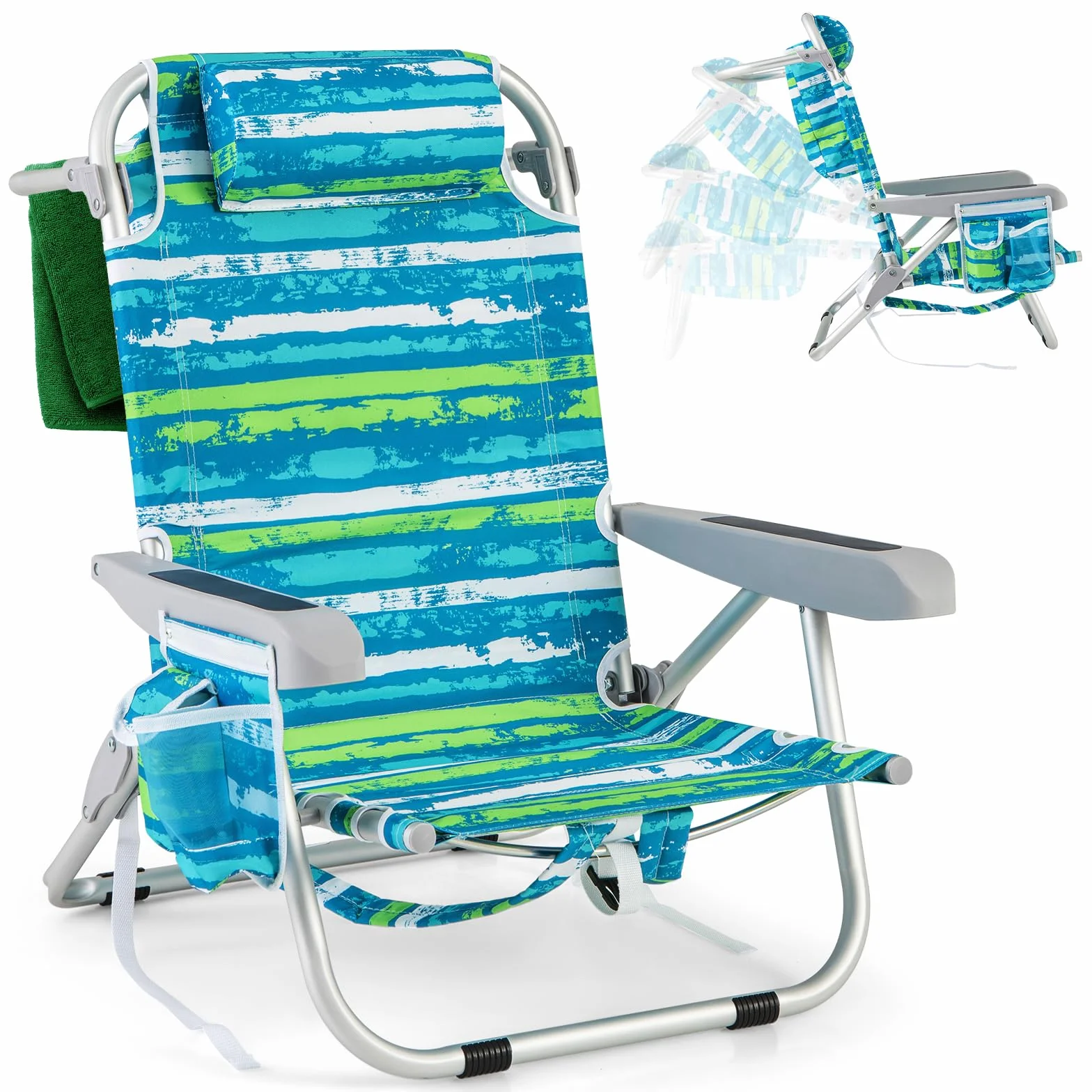 COSTWAY Silla Plegable de Playa, Tumbona con 5 Posiciones, Portavasos, Bolsillos de Almacenamiento, Correas de Hombro, Soporte para Toallas, Almohada, 150kg (Verde+Azul,1)
