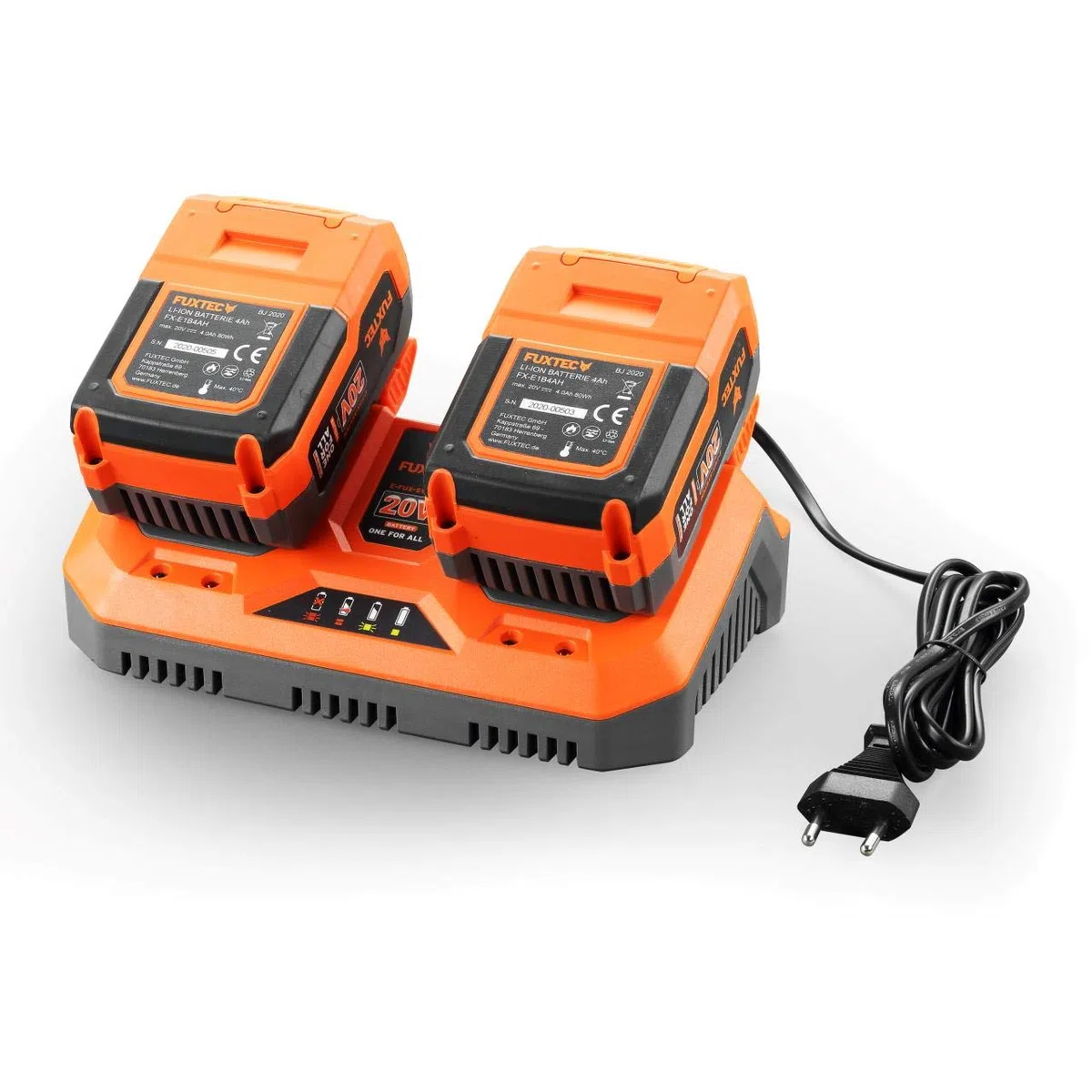 FUXTEC Cargador doble rápido de ion de litio, 2,4 A, 70 W, E1LG2A, para batería de 2 Ah y 4 Ah, apto para todas las herramientas de jardín Fuxtec de 20 V, tensión de carga de 20,9 V