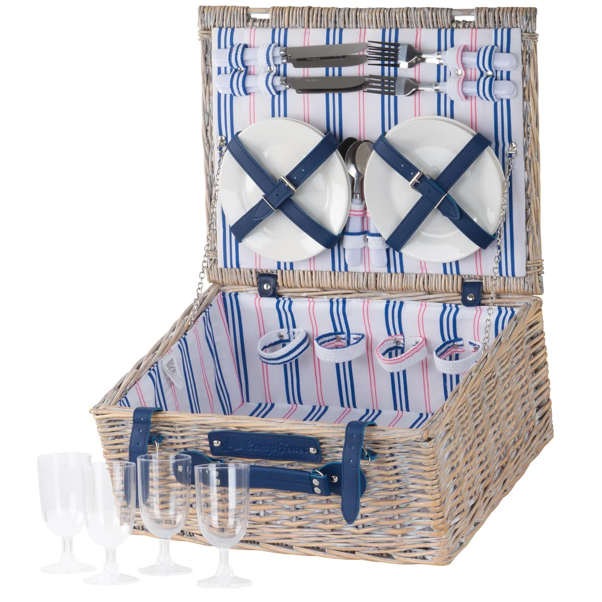 CampFeuer Cesta de Mimbre para Picnic con Correas de Polipiel | 4 Personas | 21 Piezas | Set de Picnic con Platos de Cerámica, Cubiertos, Copas, Manta de Picnic y Mucho Más