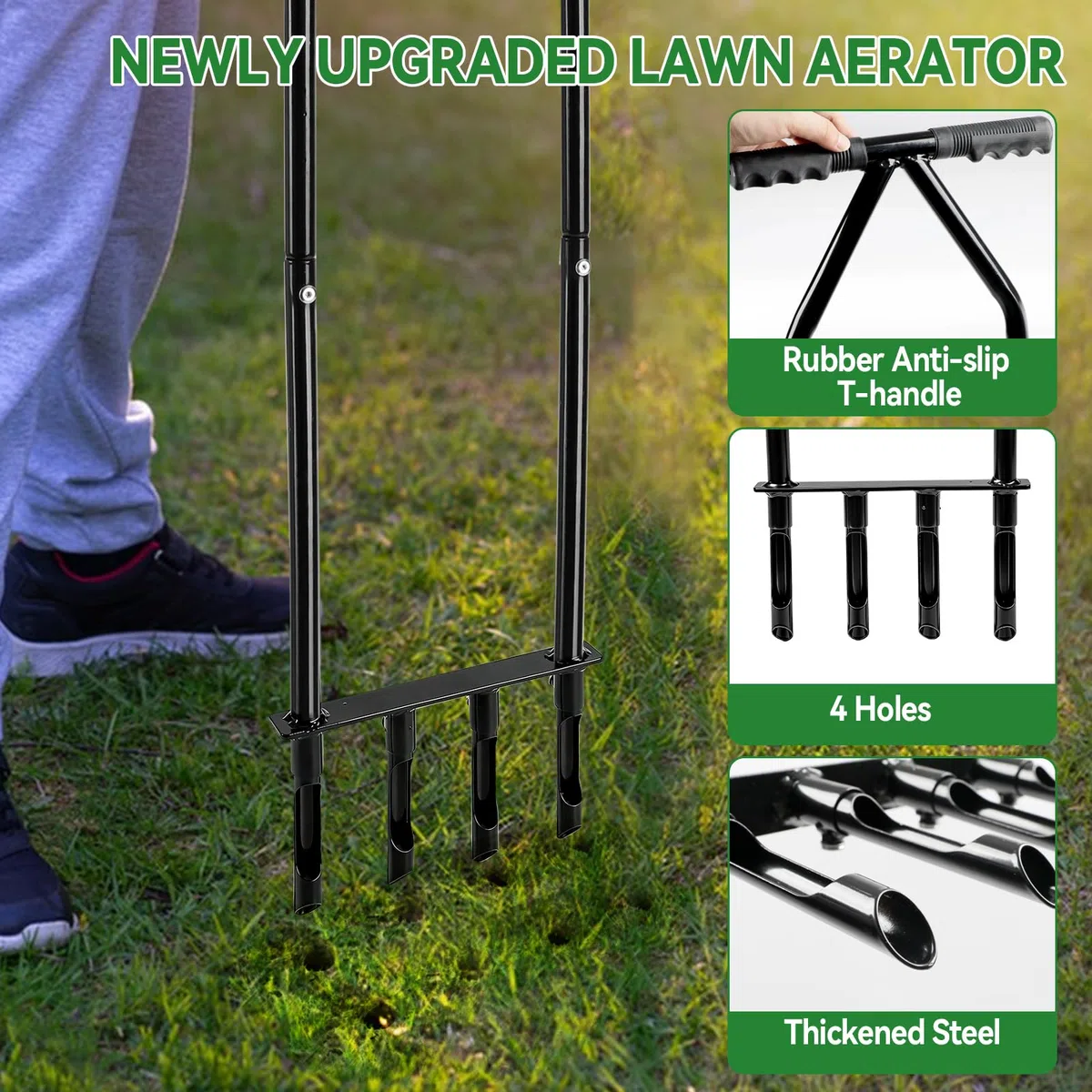 Aireador de núcleo de césped, herramienta aireadora de césped de dientes huecos mejorada, tapón manual de suelo de jardín, agarre suave de 4 puntas, estaca de aireación de núcleo resistente para