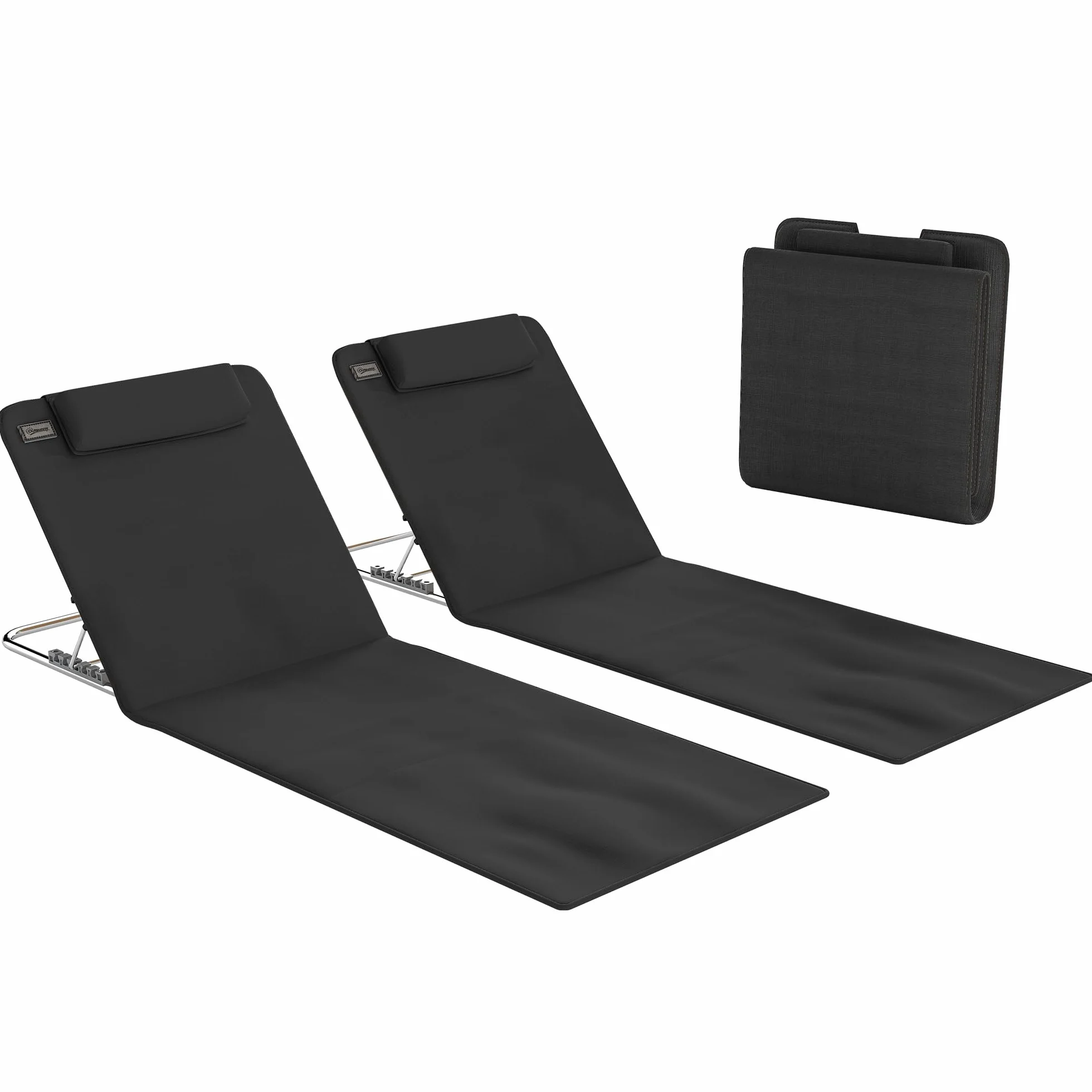 Outsunny Conjunto de 2 Esterillas de Playa Plegable Esterillas con Respaldo Reclinable en 5 Niveles Reposacabezas y Bolsa de Transporte 134x48x33-43 cm Negro