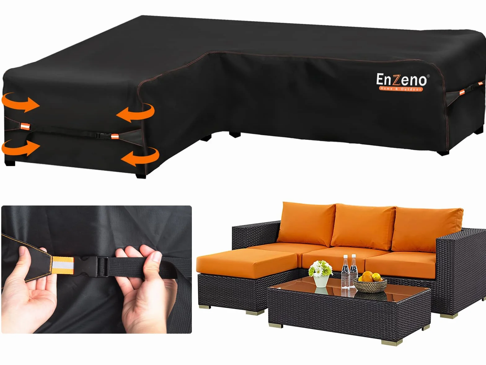 Enzeno Funda para muebles de jardín en forma de L impermeable, tela Oxford 420D resistente al agua, funda de sofá de ratán para exteriores con cinta impermeable (140 x 210 x 75 cm)