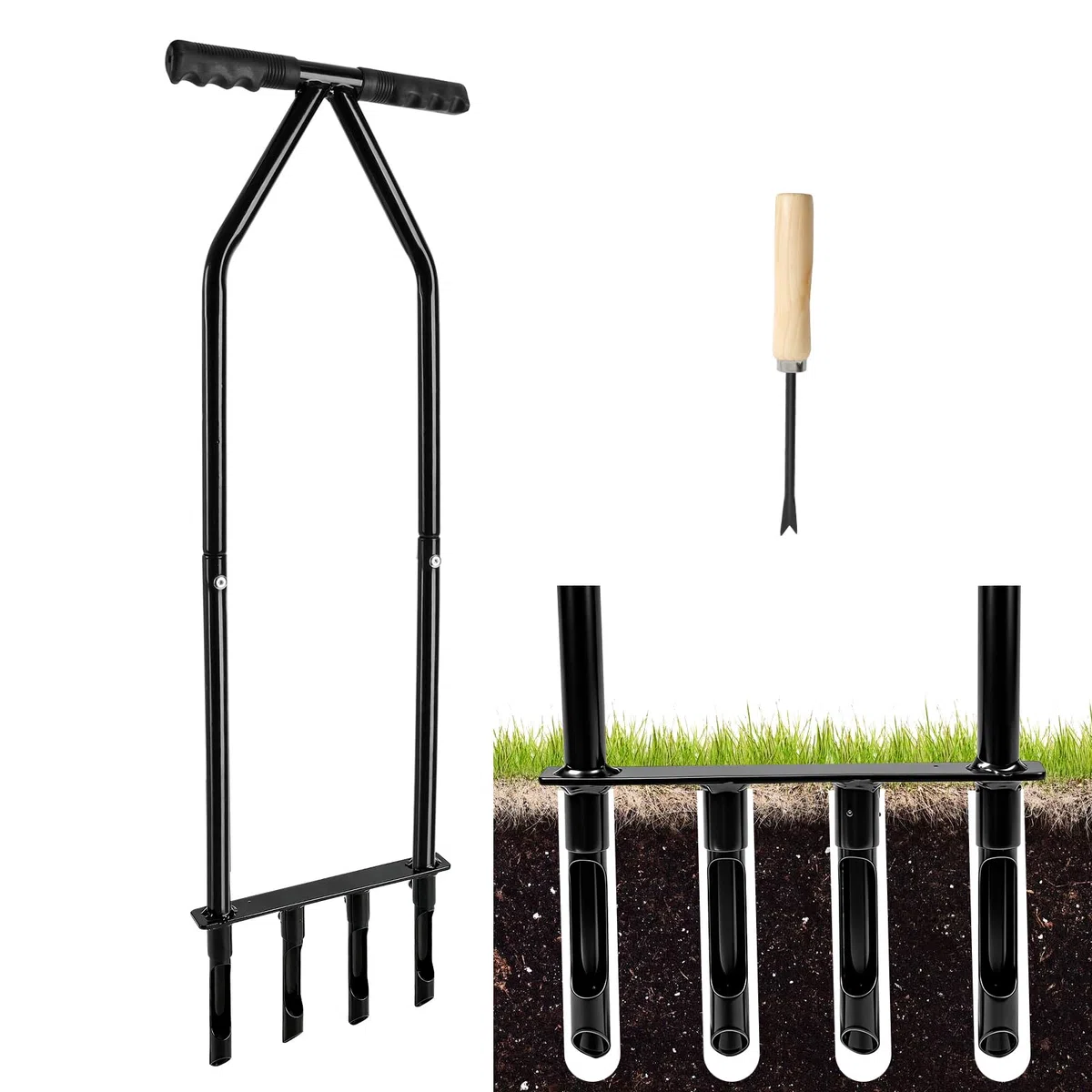 Aireador de núcleo de césped, herramienta aireadora de césped de dientes huecos mejorada, tapón manual de suelo de jardín, agarre suave de 4 puntas, estaca de aireación de núcleo resistente para