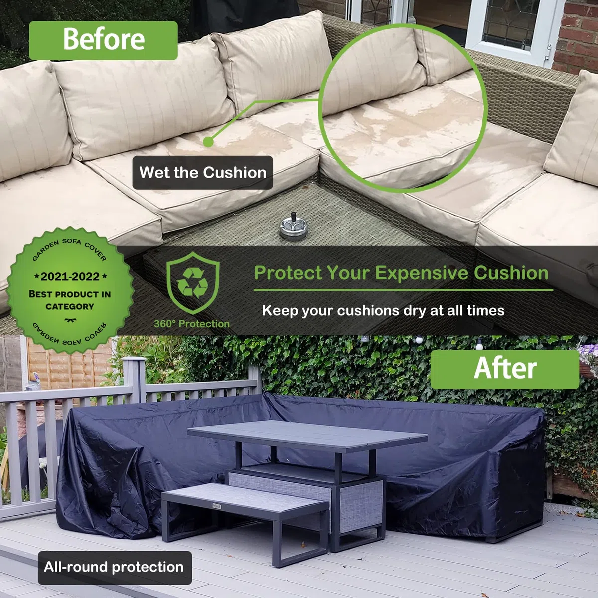 Enzeno Funda para muebles de jardín en forma de L impermeable, tela Oxford 420D resistente al agua, funda de sofá de ratán para exteriores con cinta impermeable (140 x 210 x 75 cm)