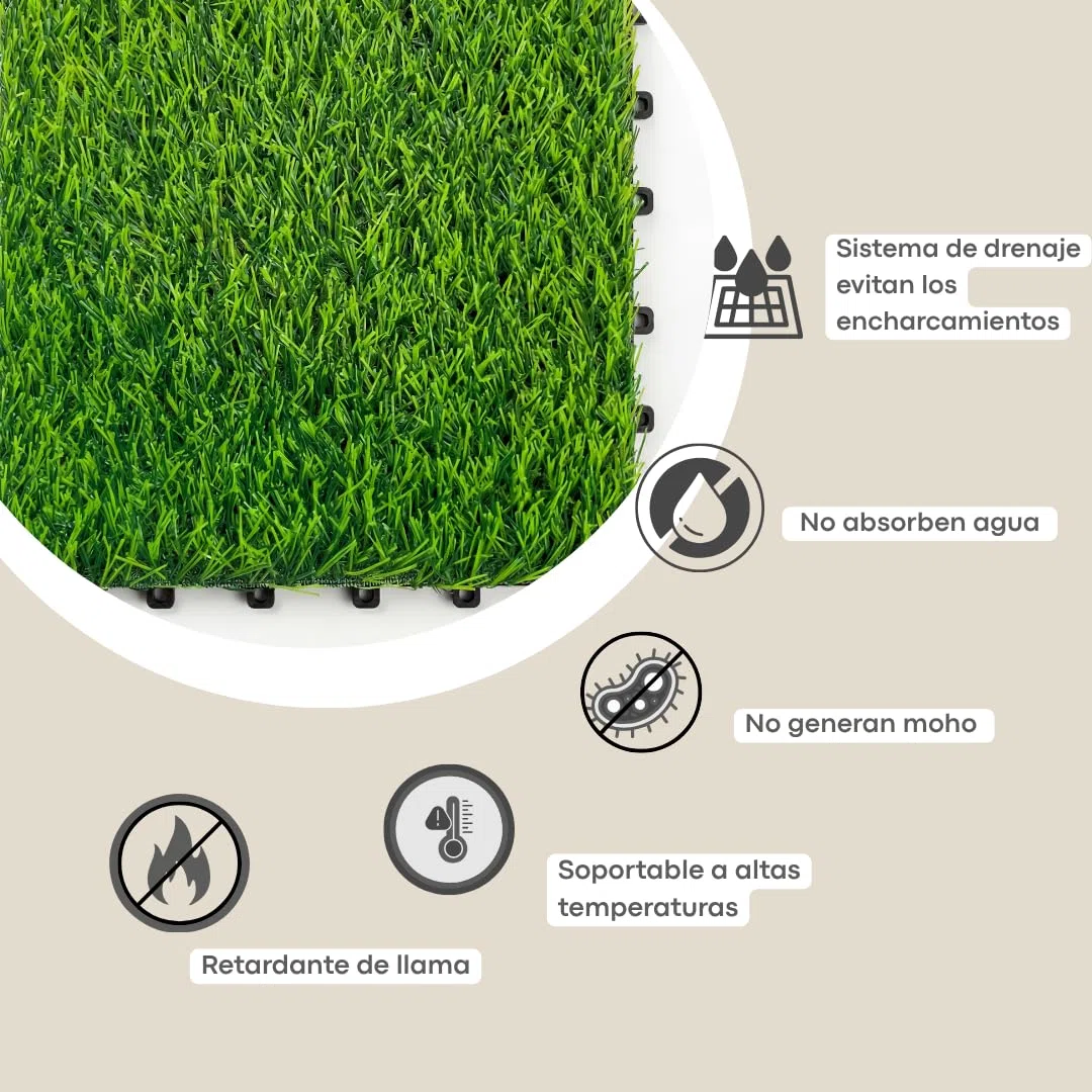 Losetas Jardin Exterior de Césped Artificial 30x30cm (Pack 10) – Cesped Para Jardín, Terraza y Patio – Suelo Verde con Drenaje e Instalación Fácil Para Balcón, Piscina y Espacios Al Aire Libre