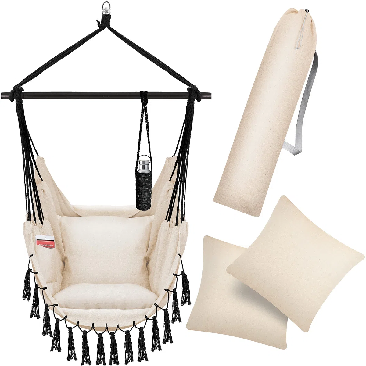 KESSER® Silla Colgante con 2 Cojines, portabebidas y Compartimento para Libros, Silla Colgante Safari XXL para Adultos y niños, Hamaca de hasta 150 kg, para Interior y Exterior, jardín, Beige