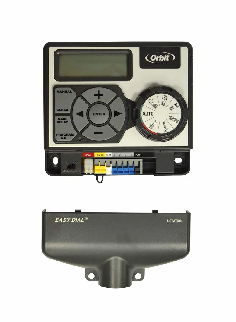 Orbit 94884 – Programador de riego Ultra 24 V para 4 zonas de riego, pantalla LCD, hasta 12 riegos por día | Función de retardo por lluvia y regulación de tiempo de riego de 1 a 99 minutos