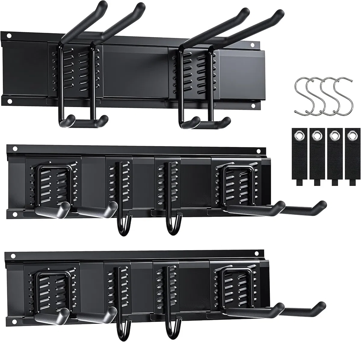3-H 120cm Soporte Herramientas Pared,Ganchos Garaje Acero Aleado Organizador Herramientas Pared con 14 Ganchos,3 Rieles Deslizables,4 Correas para Esquí Silla Manguera Garaje Jardín